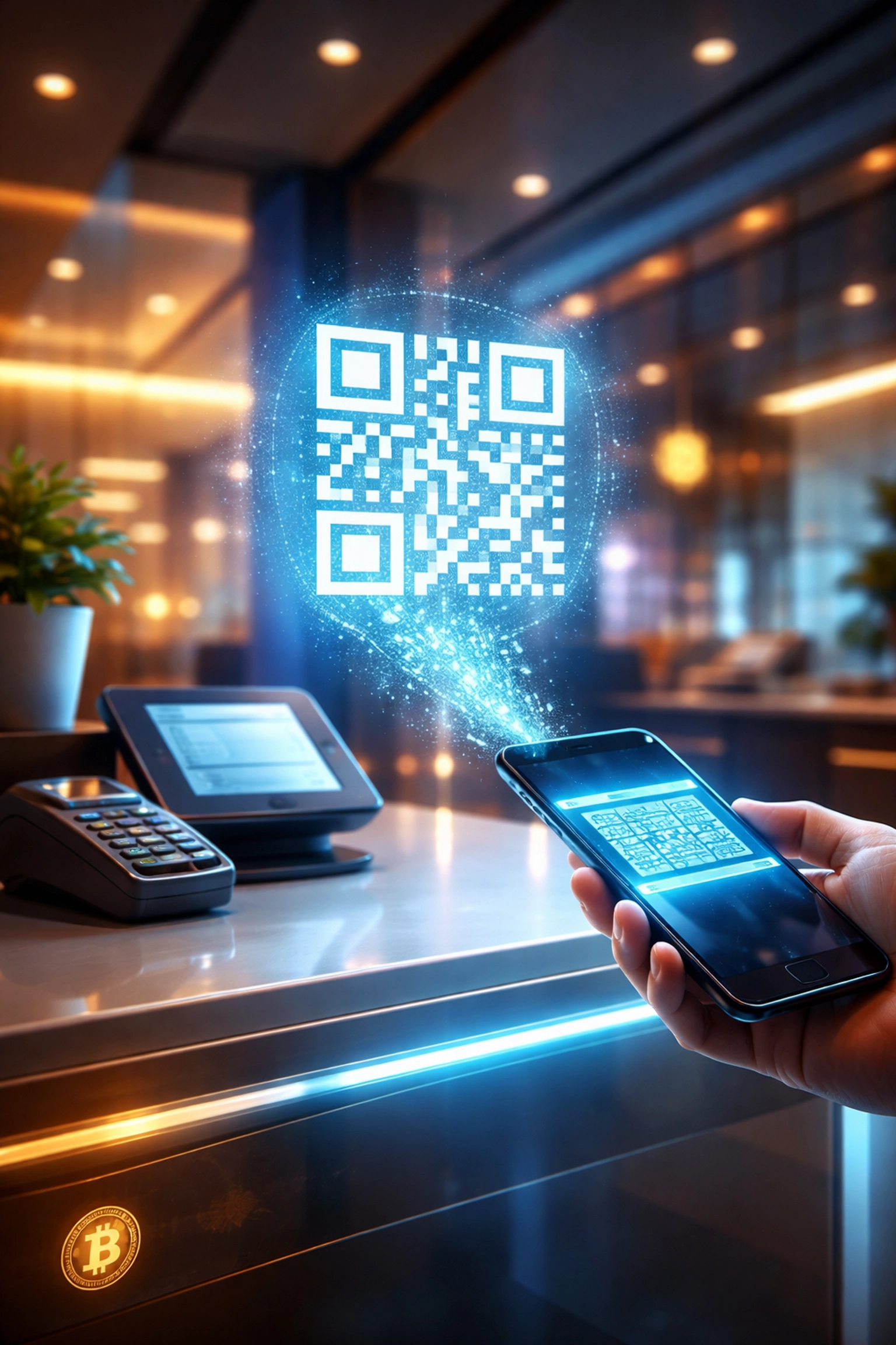 A small business checkout counter using a QR code for crypto payments, highlighting Larecoin POS system benefits.