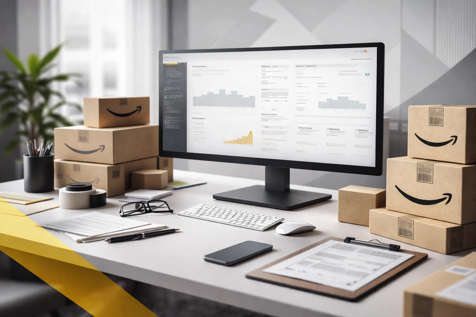 Modern Amazon agency workspace showing analytics dashboard and product packaging for e-commerce brands.