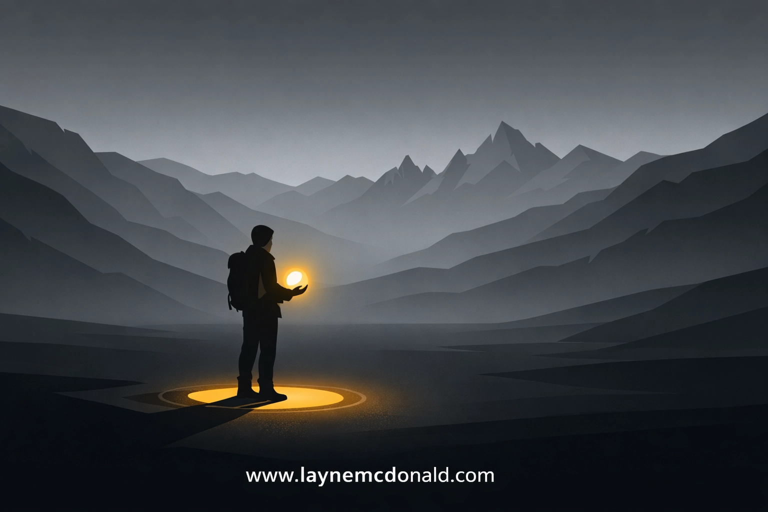 Traveler carrying a glowing light through a misty valley, illustrating faith in storytelling.