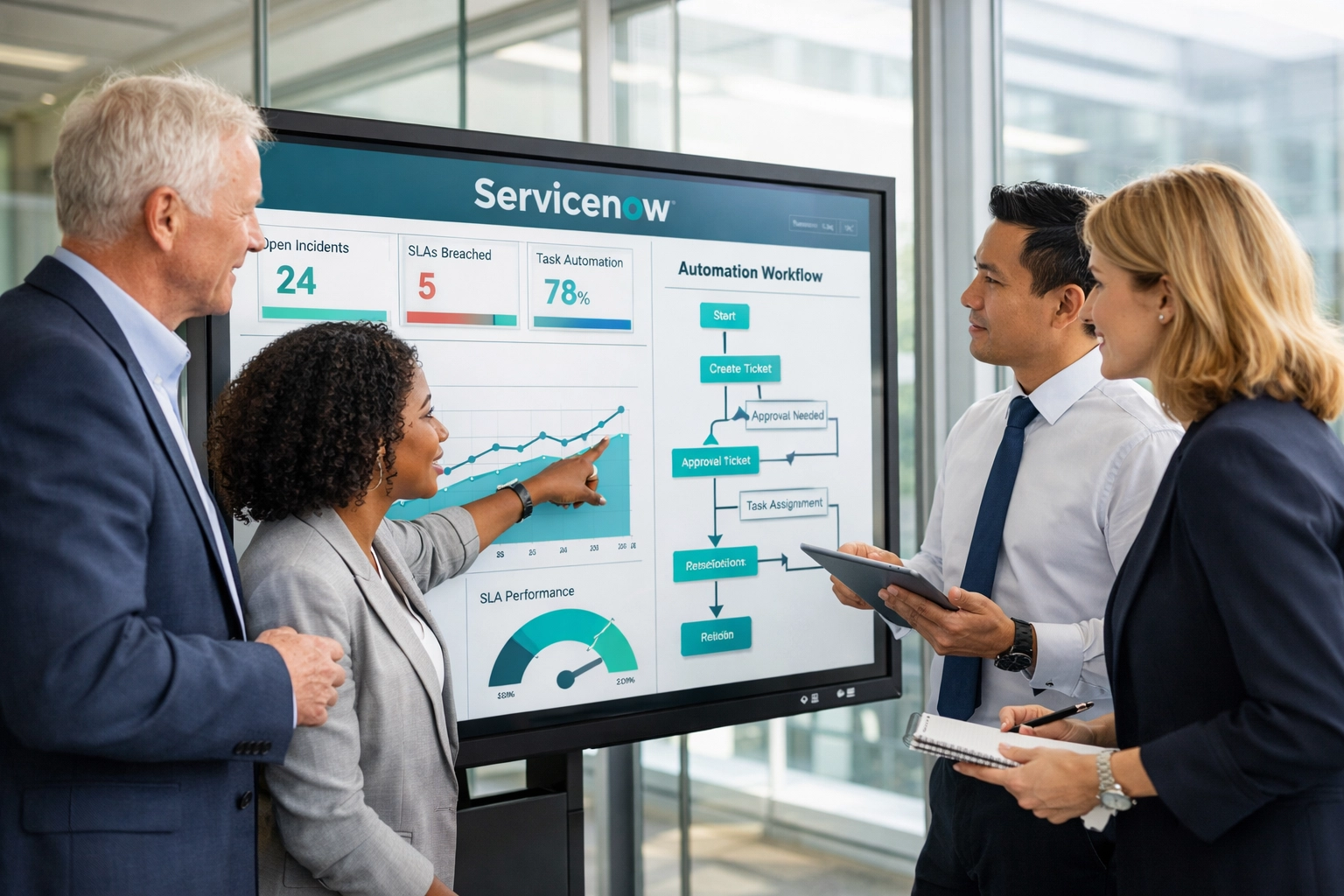 Team collaborating on ServiceNow ROI analysis and license optimization dashboards