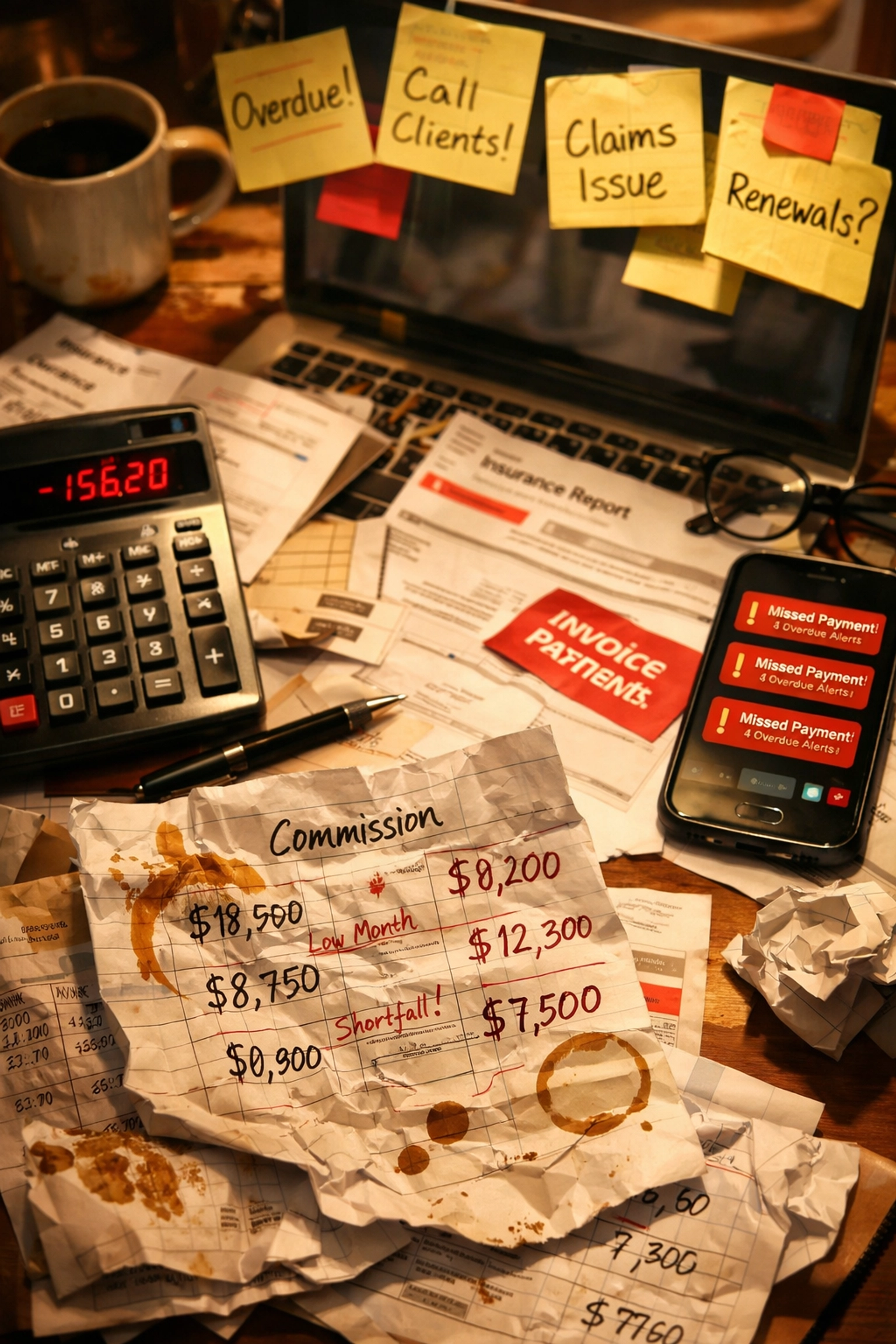 Insurance agent desk cluttered with commission tracking papers and calculator showing manual errors