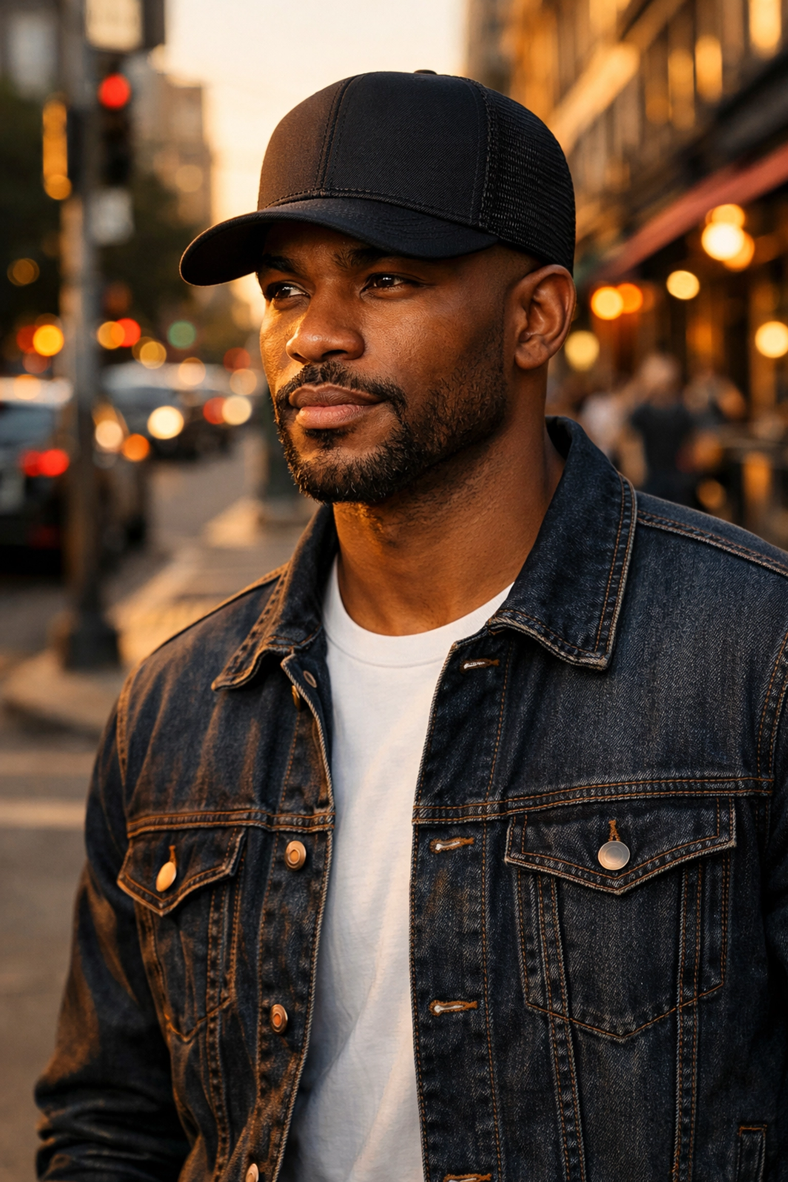 A confident entrepreneur wearing a stylish black trucker hat, supporting Black-owned fashion and style.