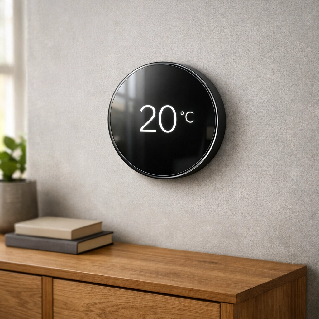 Smart heating control interface on a wall in a Raunds home displaying an energy-efficient 20 degree temperature.