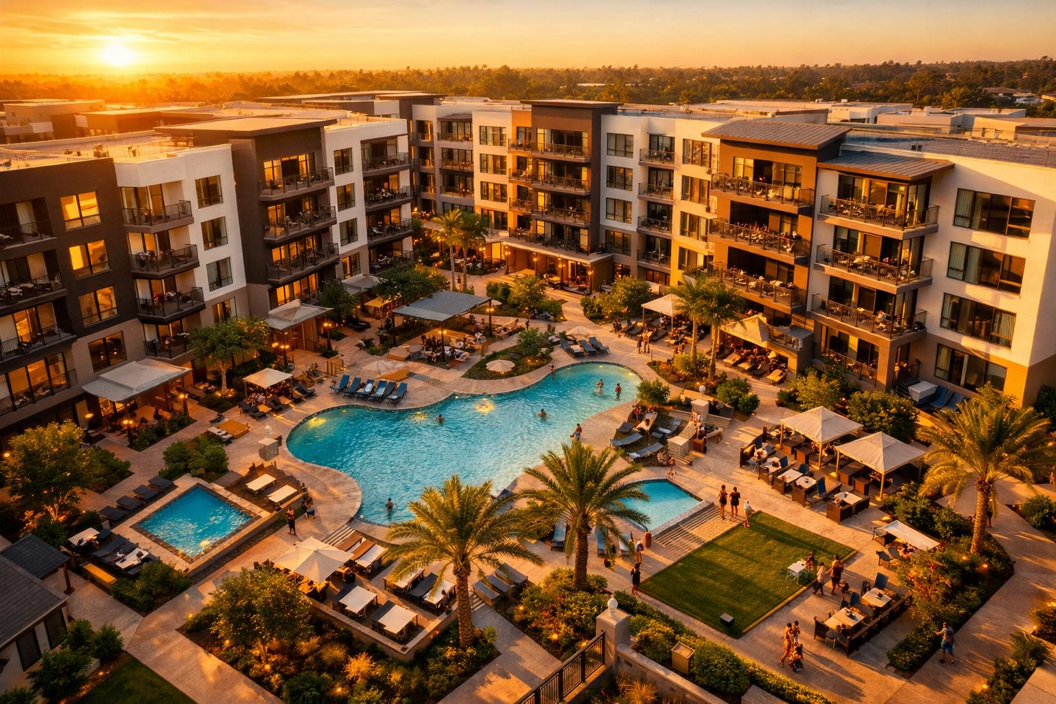 Aerial view of luxury multifamily apartment complex for real estate syndication investment opportunities