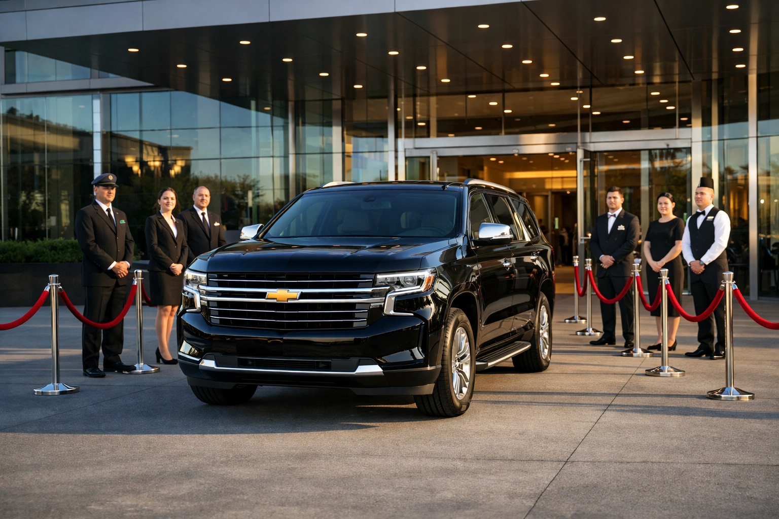 Executive SUV arriving at a luxury venue for a Super Bowl corporate hosting event.