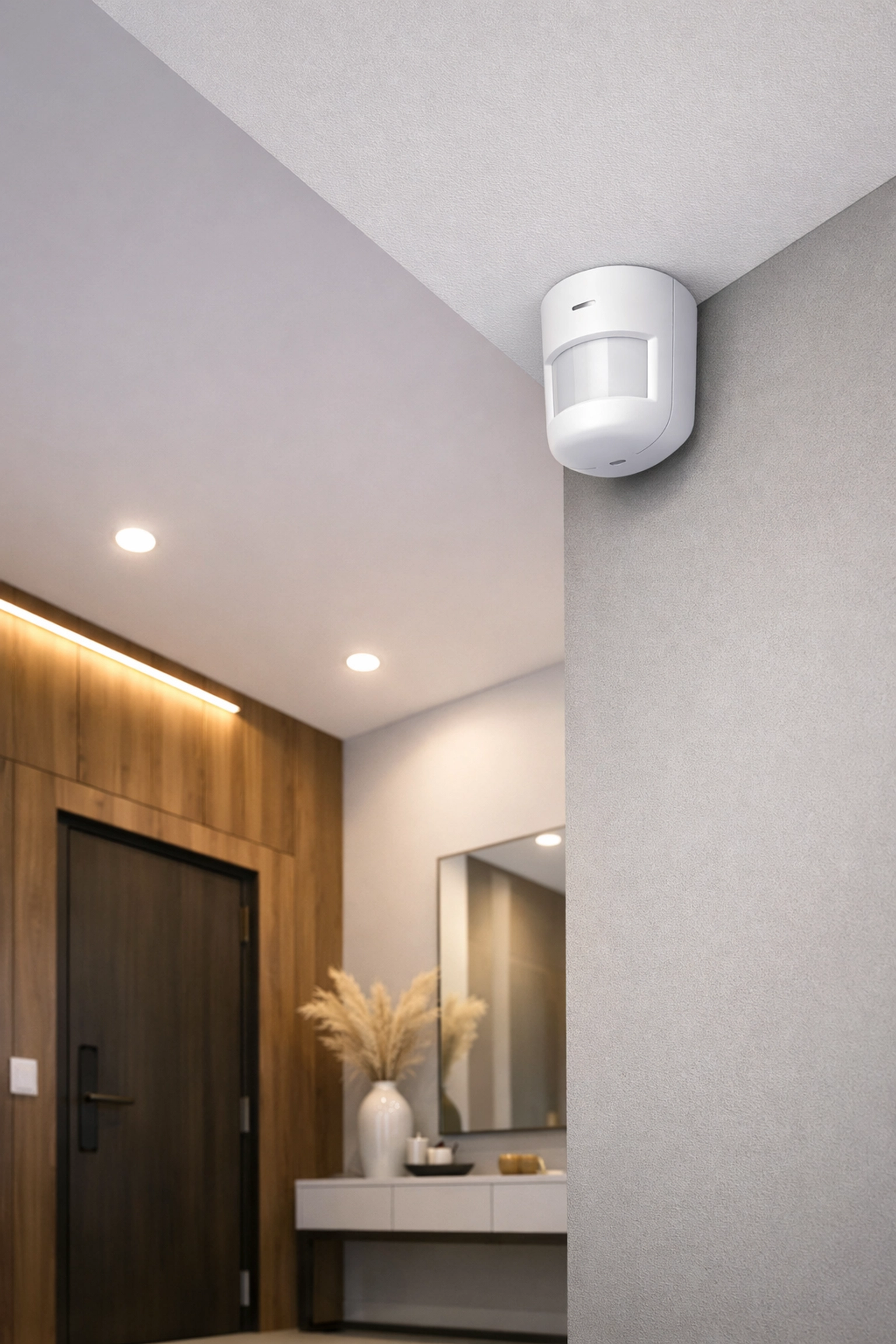 Discreet professional motion sensor installed in a modern home entryway for comprehensive intruder protection.