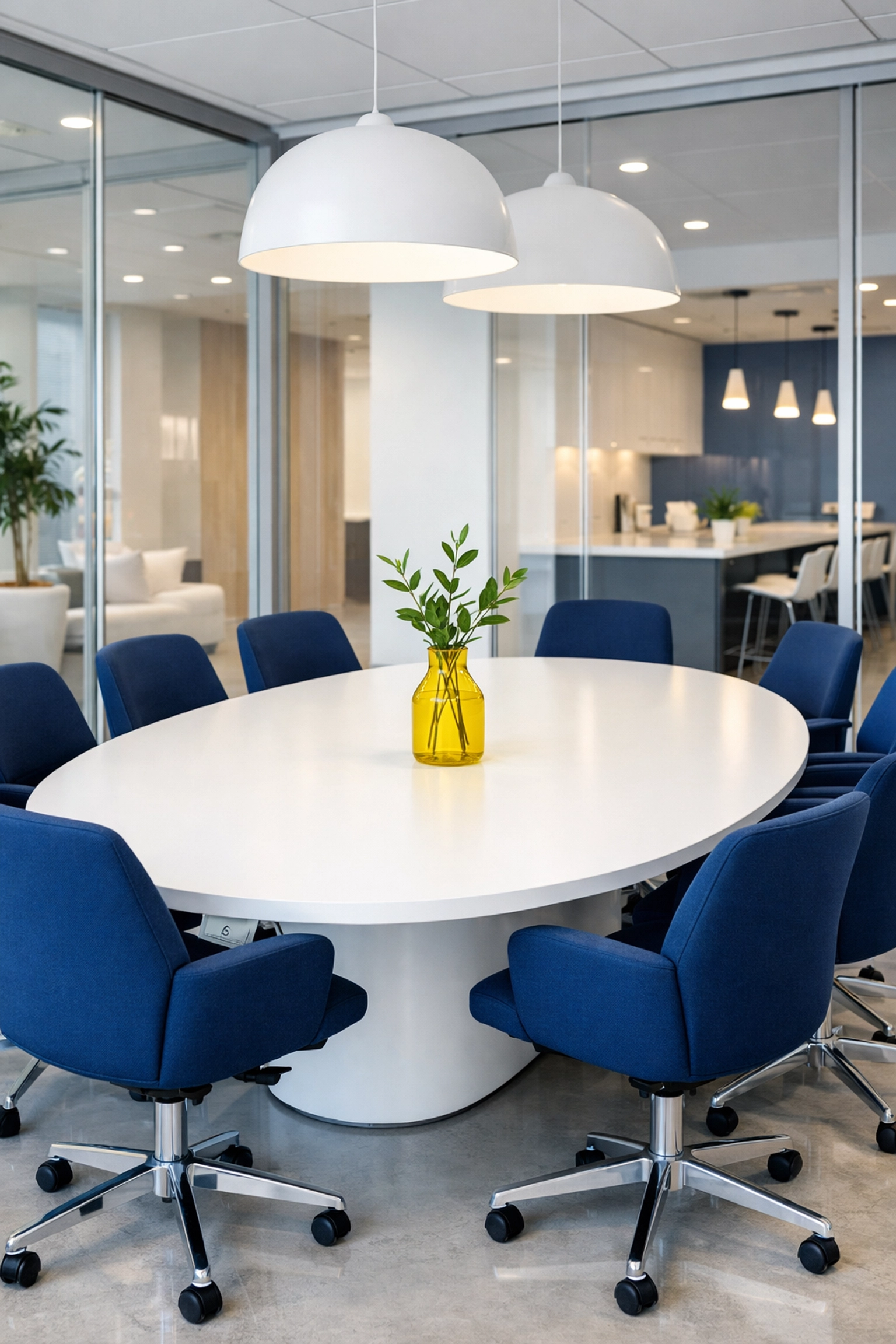 A perfectly organized and dust-free modern meeting room with a large white conference table.