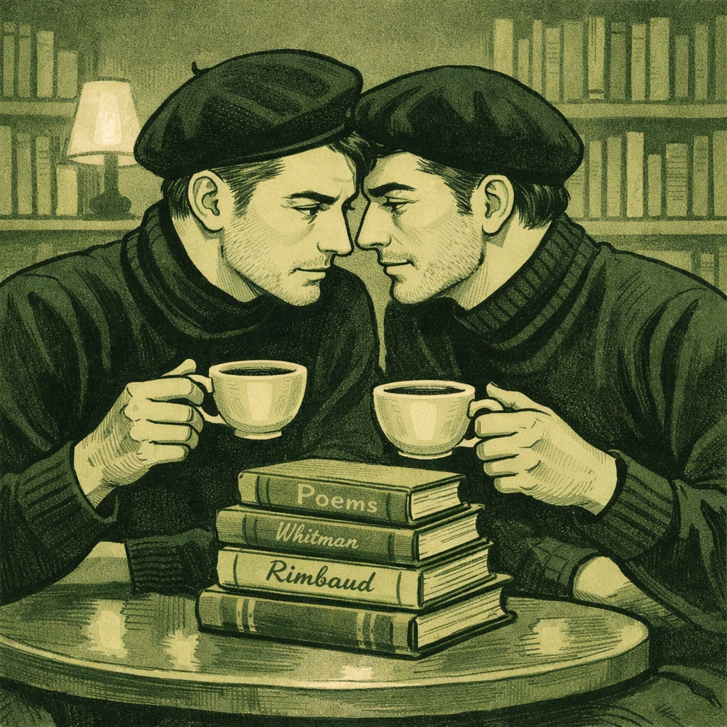 Beat Generation gay couple in intimate conversation at 1950s coffeehouse with poetry books