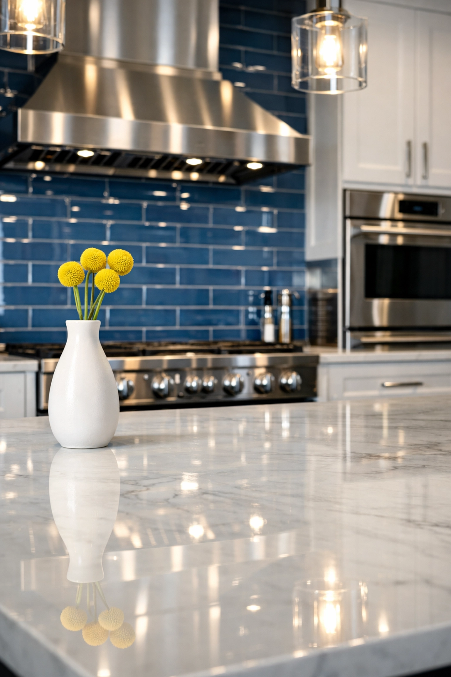 Spotless luxury kitchen with blue tiles showing professional deep cleaning in a Leominster MA home.