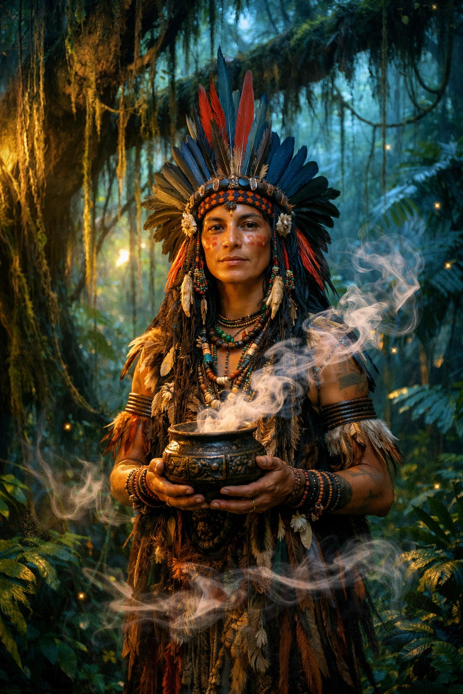 Gender-fluid Indigenous shaman in traditional ceremonial attire in Amazon rainforest at twilight