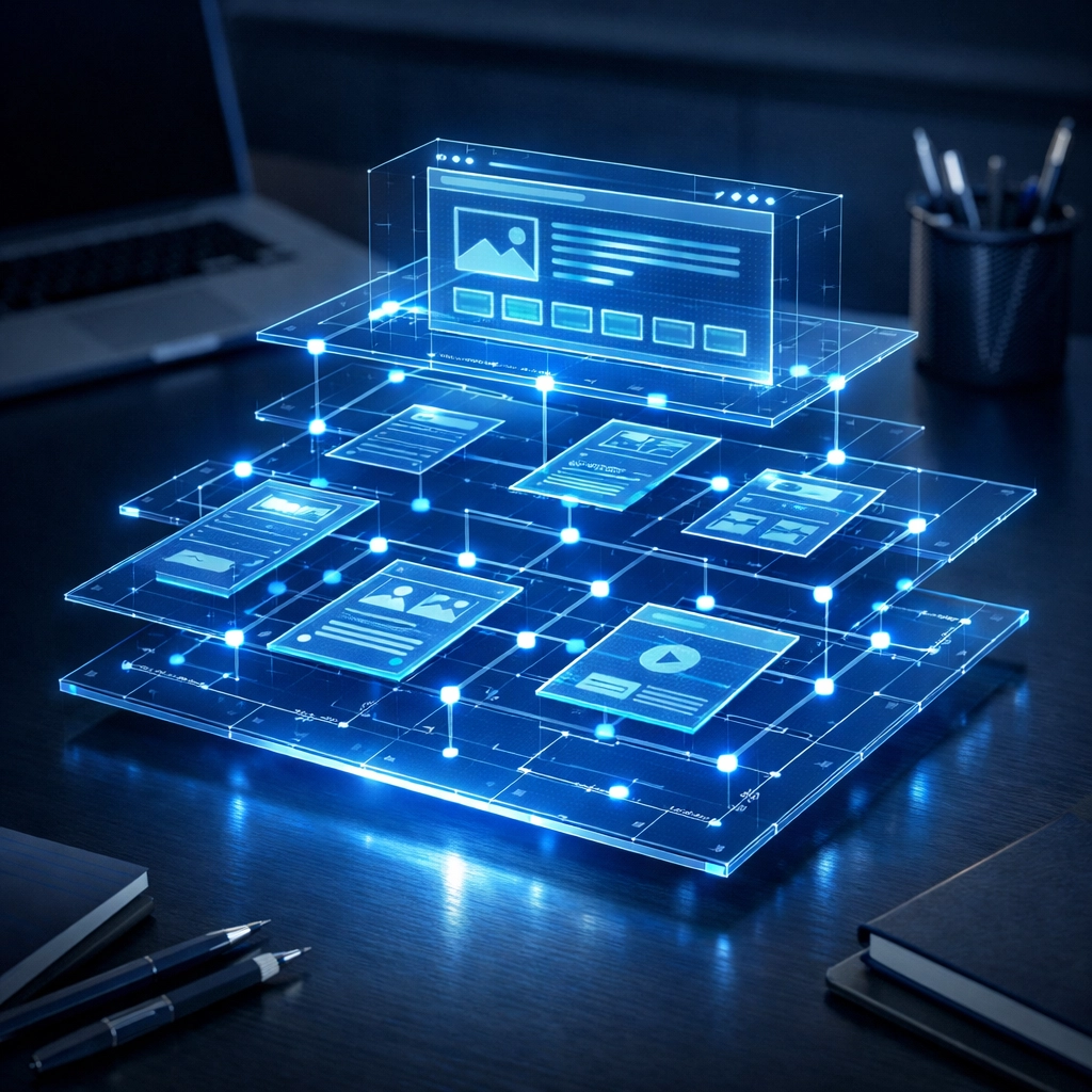 Digital blueprint showing a website sitemap and structural planning on a desk.