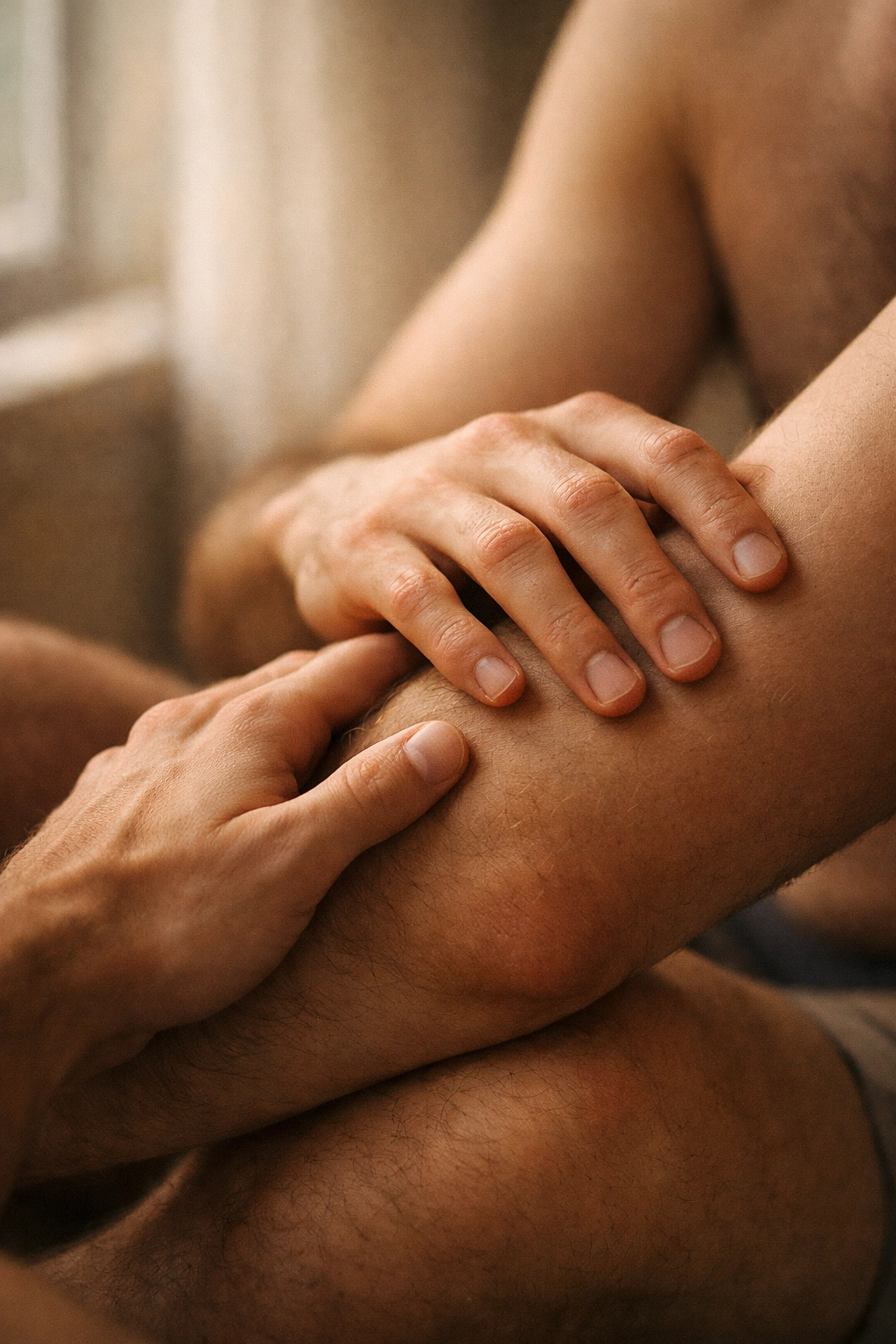 Two men's hands intimately touching demonstrating sensual connection and closeness