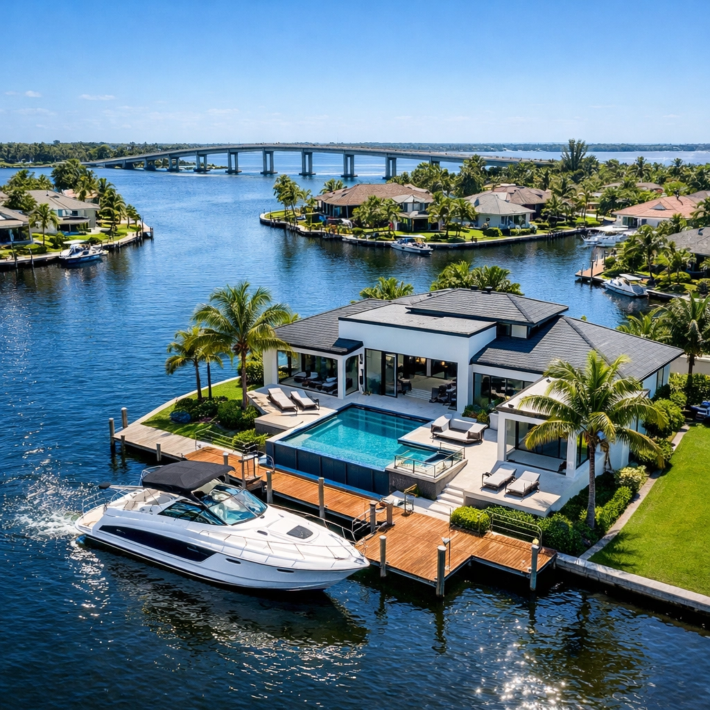 Aerial view of a Cape Coral waterfront home with a private dock and boat on a Gulf access canal.