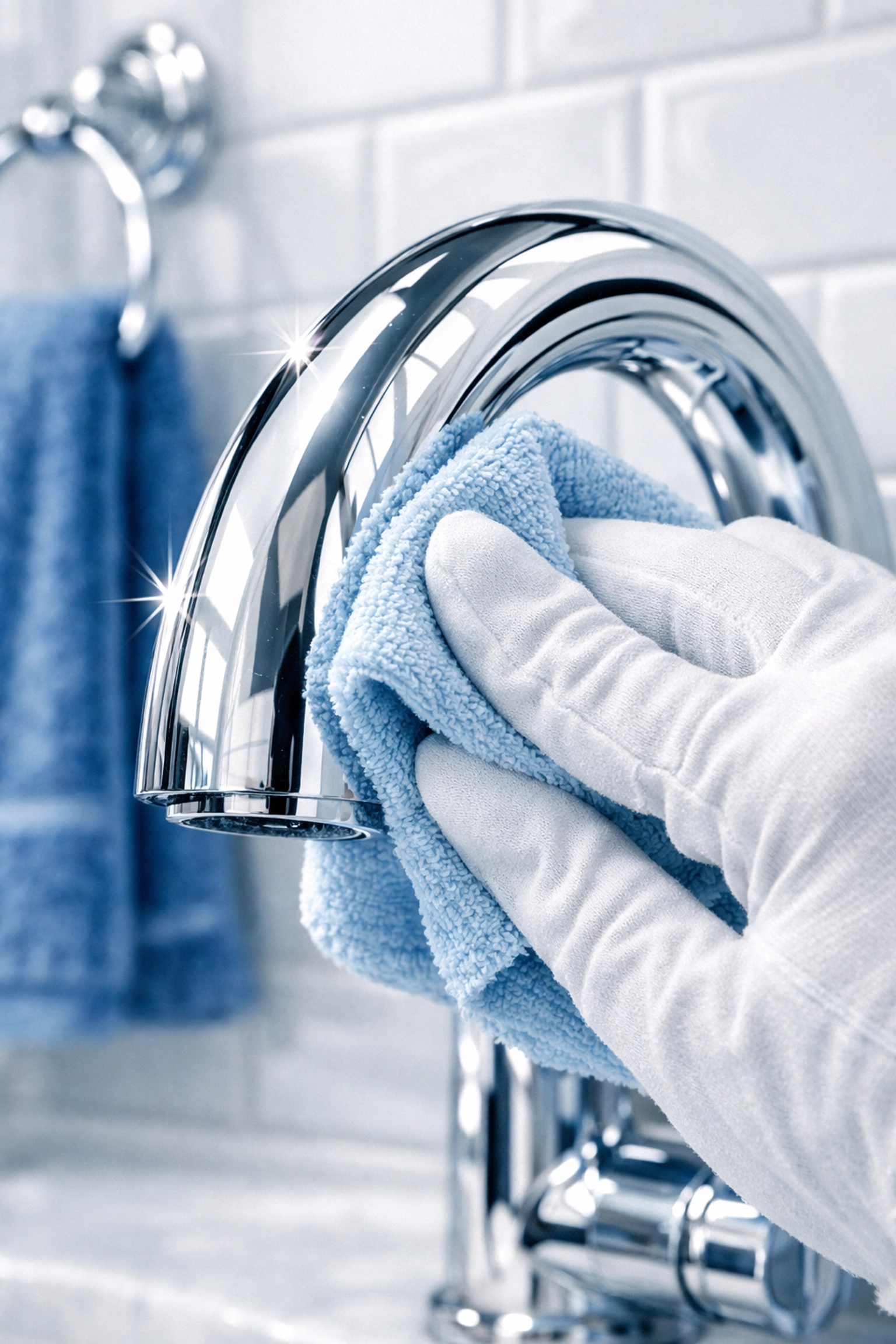 Professional detail cleaning of a chrome bathroom faucet during a bi weekly house cleaning ser.