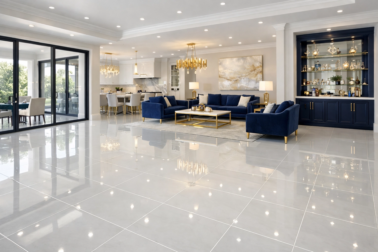 Pristine, professionally cleaned living room tile floors with perfectly sealed white grout lines.