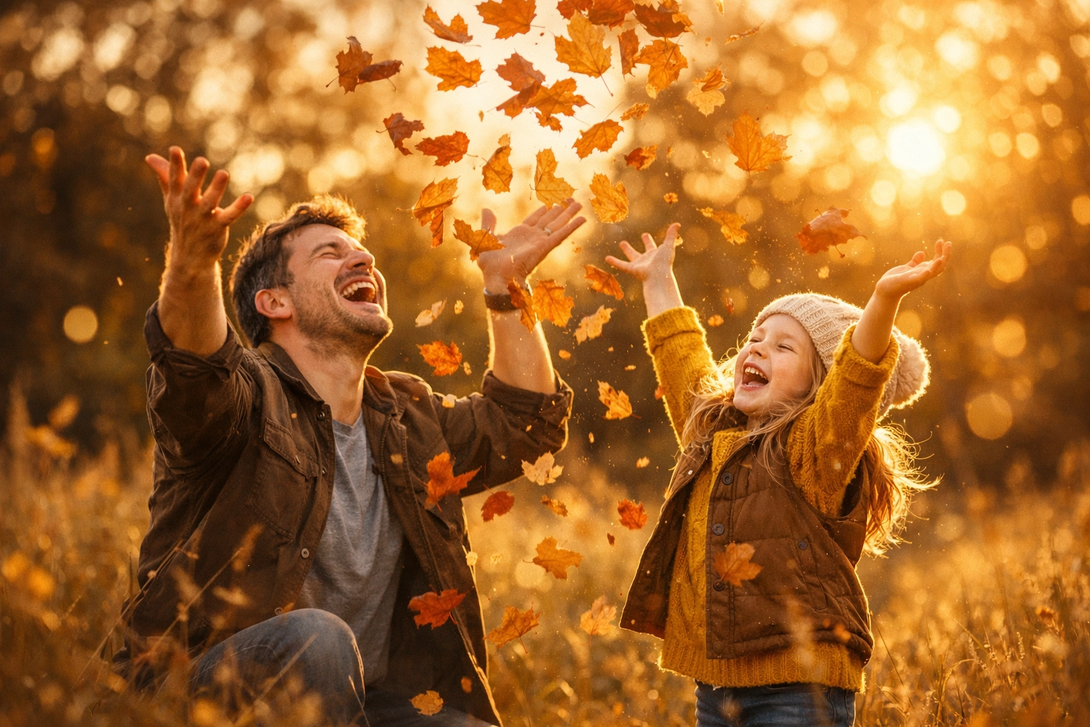 Father and daughter joyfully tossing autumn leaves, celebrating play as spiritual discipline