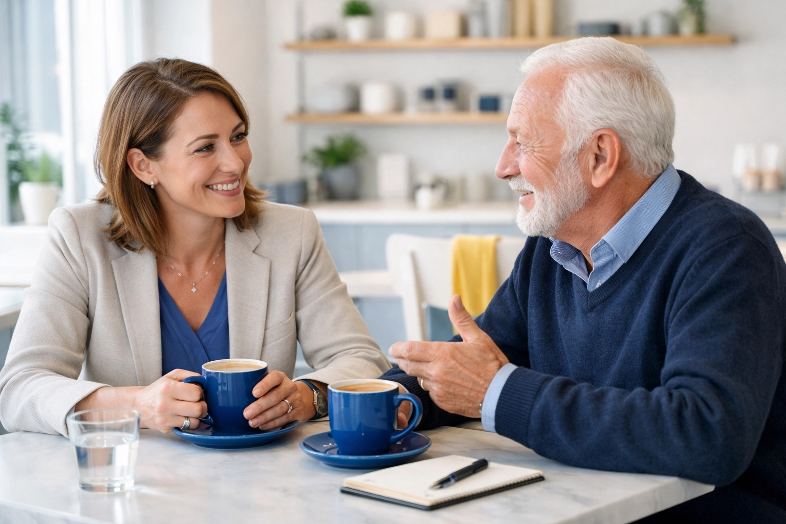 A professional fundraiser meeting with a donor to build a personal relationship and share their mission.