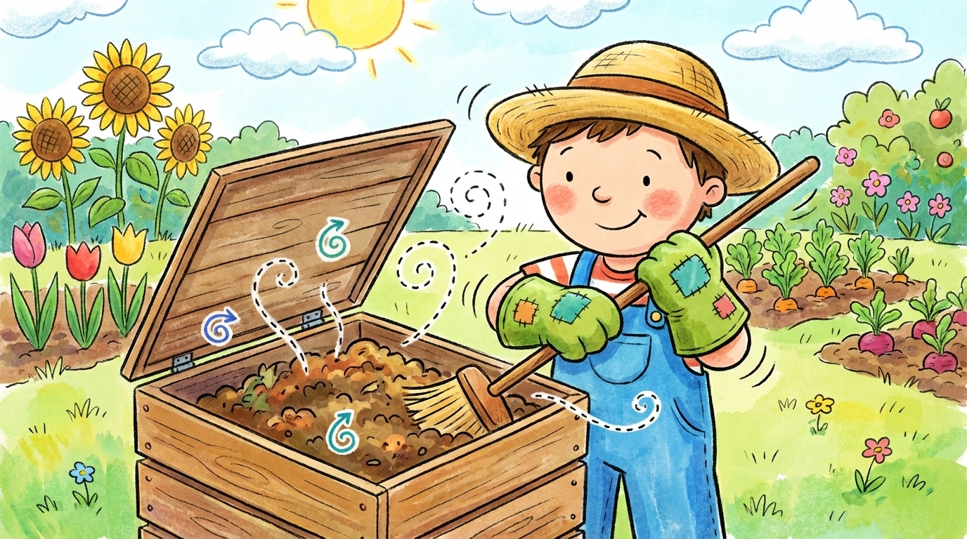 A child in gardening gloves stirs an outdoor compost bin, maintaining compost for a kids' gardening project.