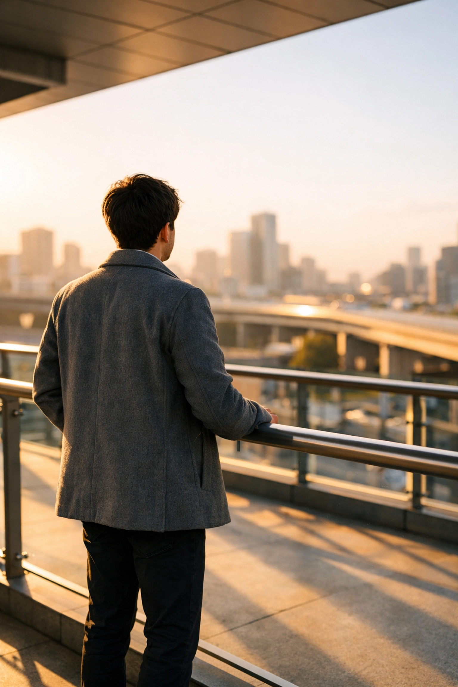 A young man overlooking a city skyline, representing the literary theme of freedom through urban anonymity.