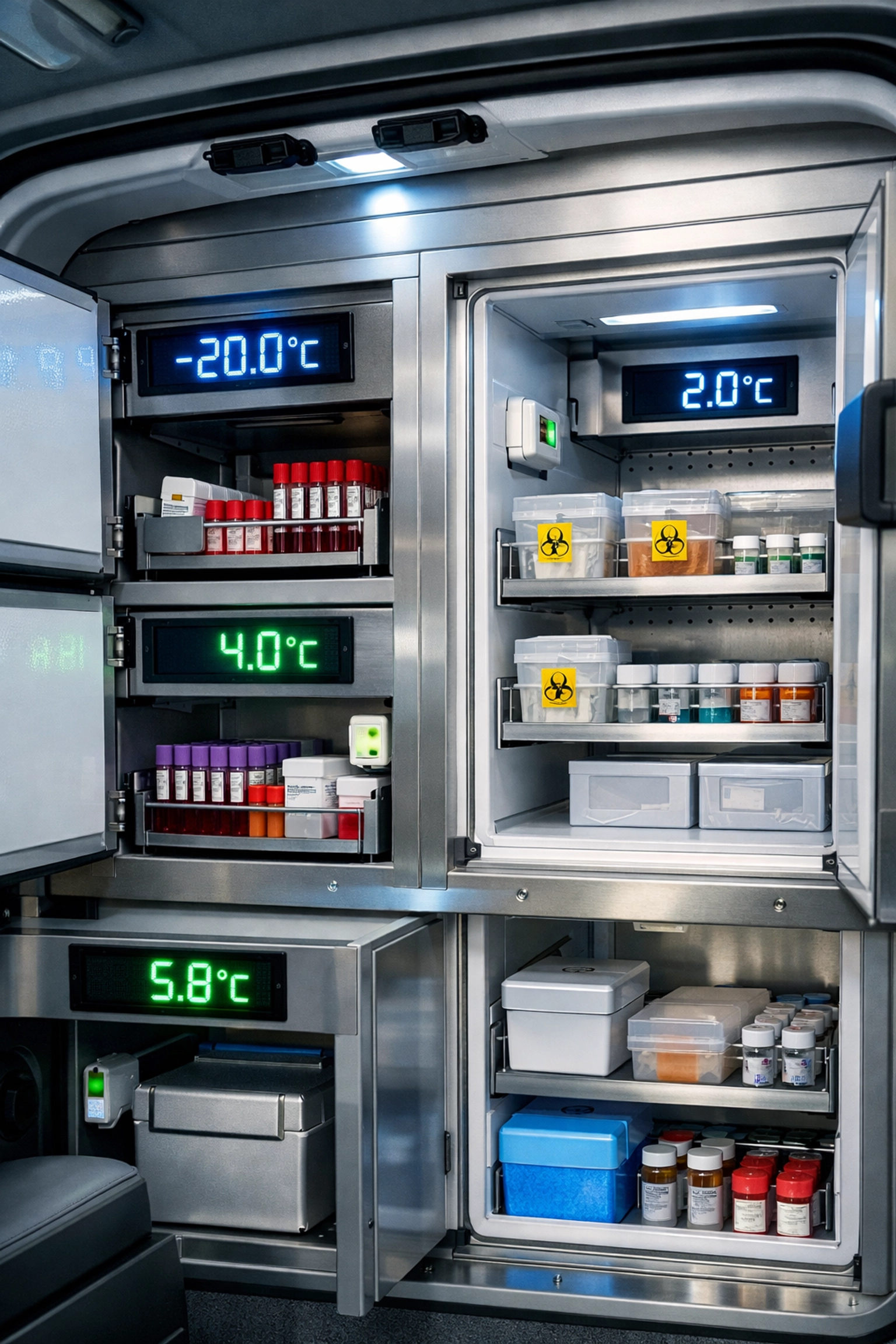Temperature-controlled medical courier vehicle interior with refrigerated specimen compartments