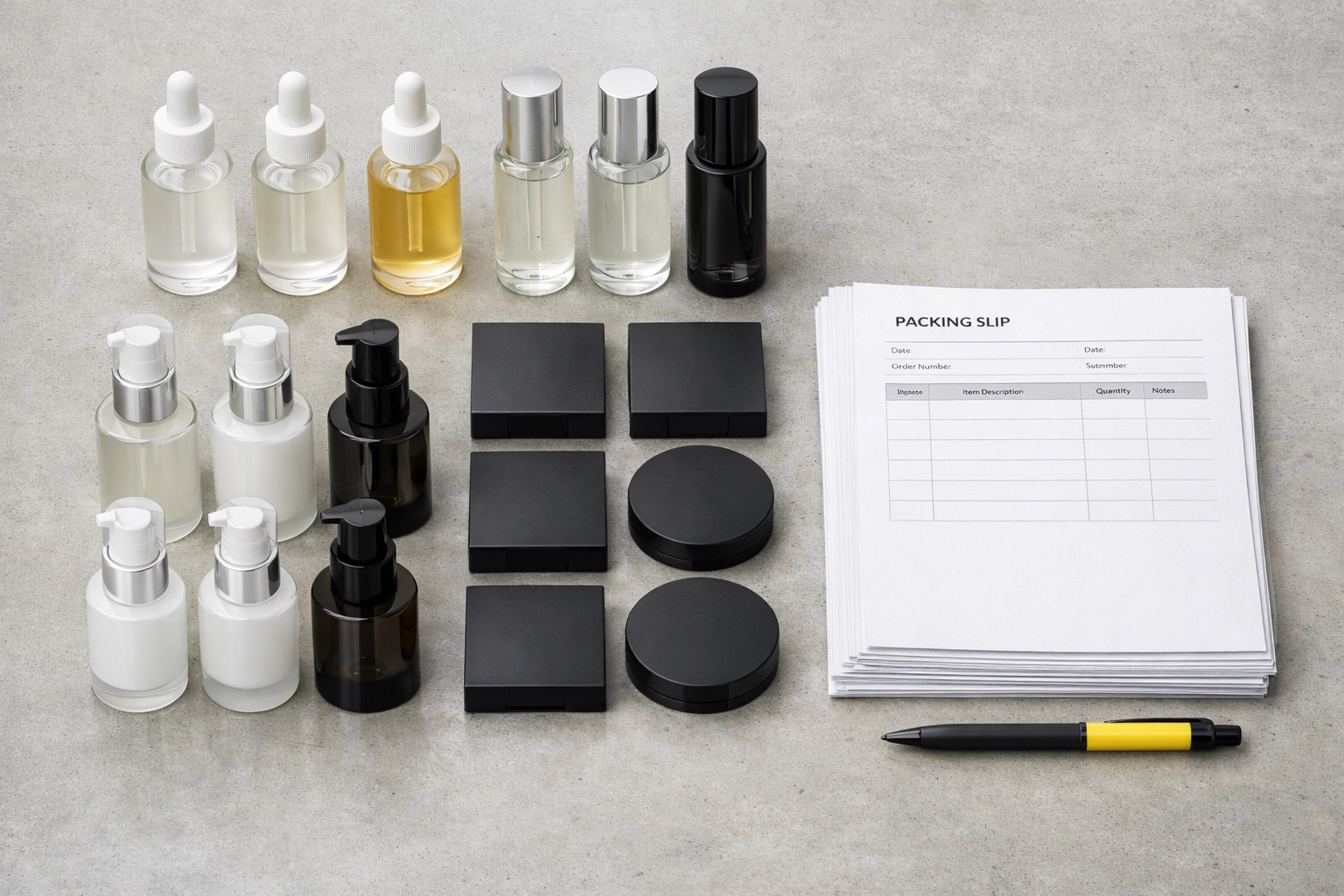 Premium wholesale beauty products and skincare bottles organized with professional shipping invoices.