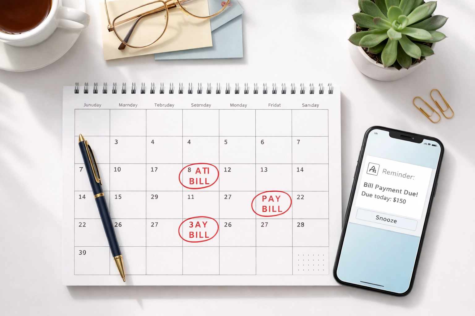 Organized desk with payment reminders and calendar, visualizing good habits for successful credit building.