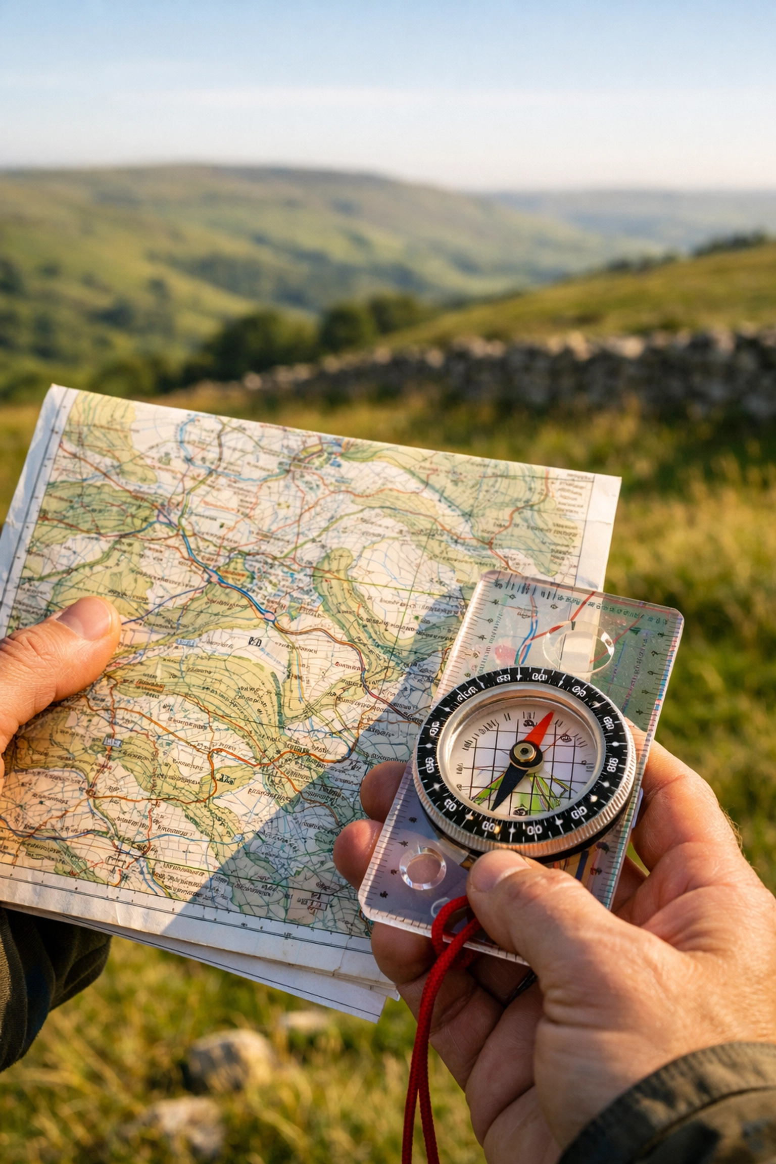 Using a topographic map and compass to plan hiking legs during a UK camping adventure.