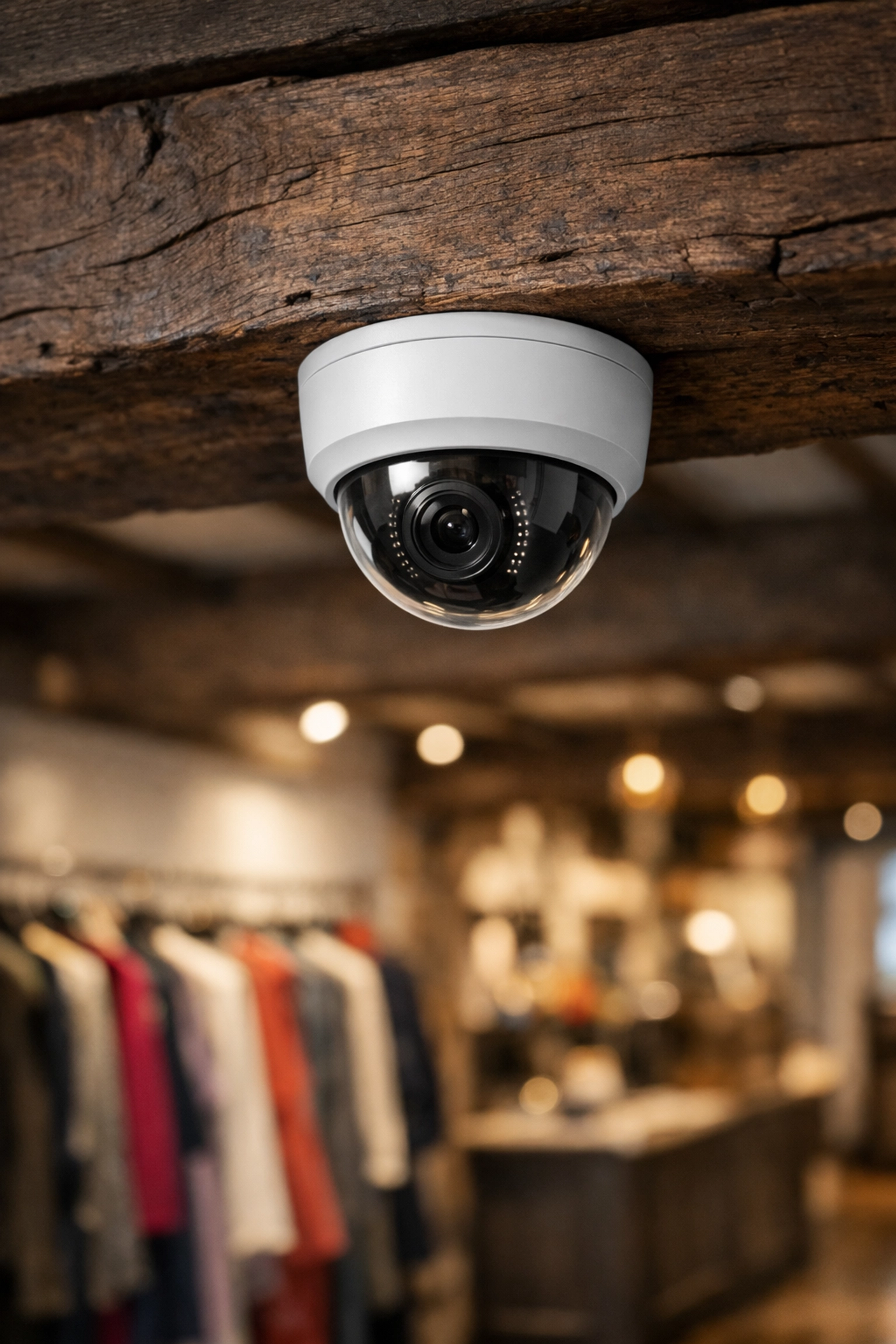 Discreet white dome CCTV camera installed on an oak beam in a luxury Wells boutique shop.