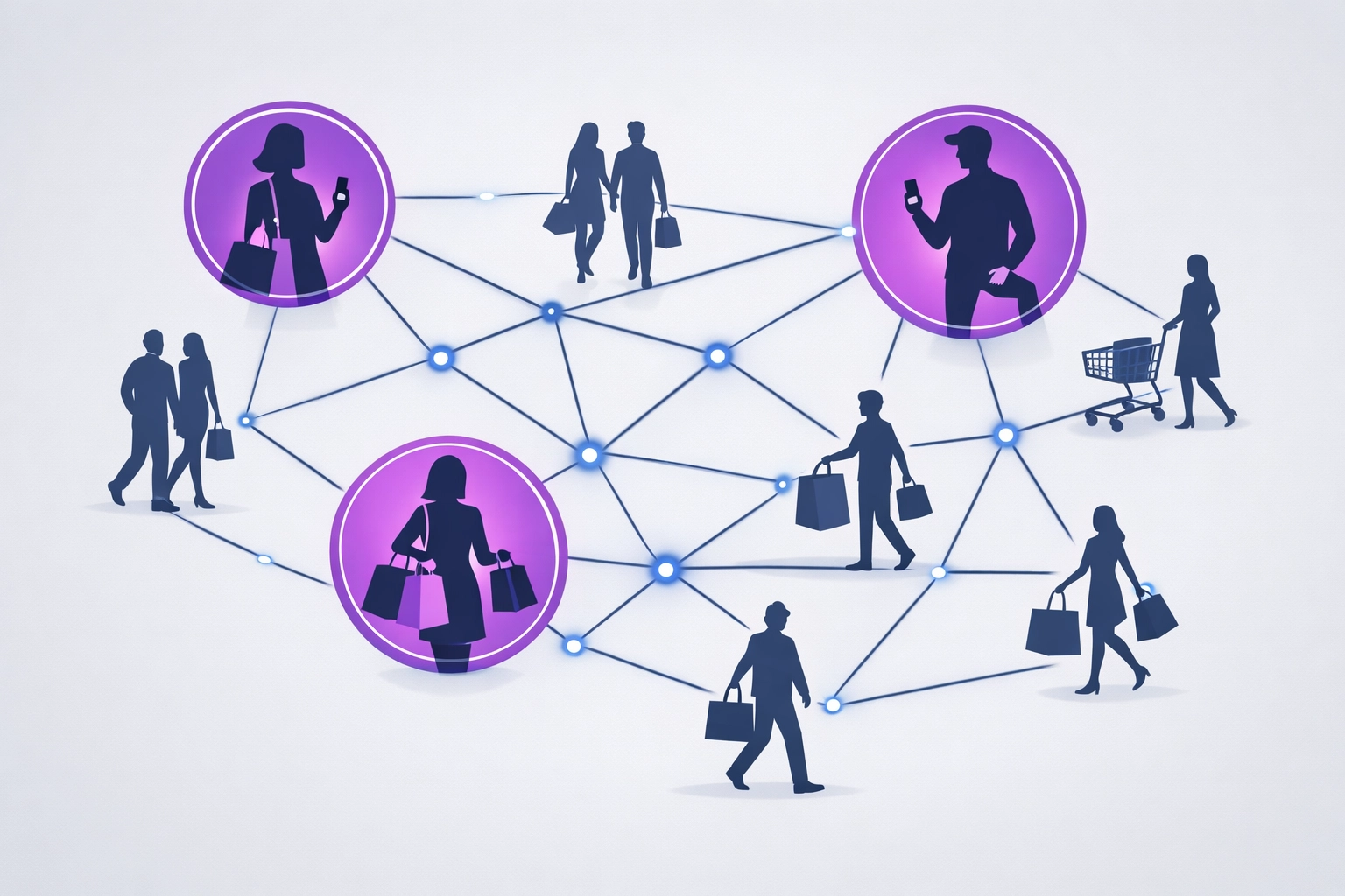 Illustration of a digital network showing AI-driven audience segmentation for ecommerce marketing.