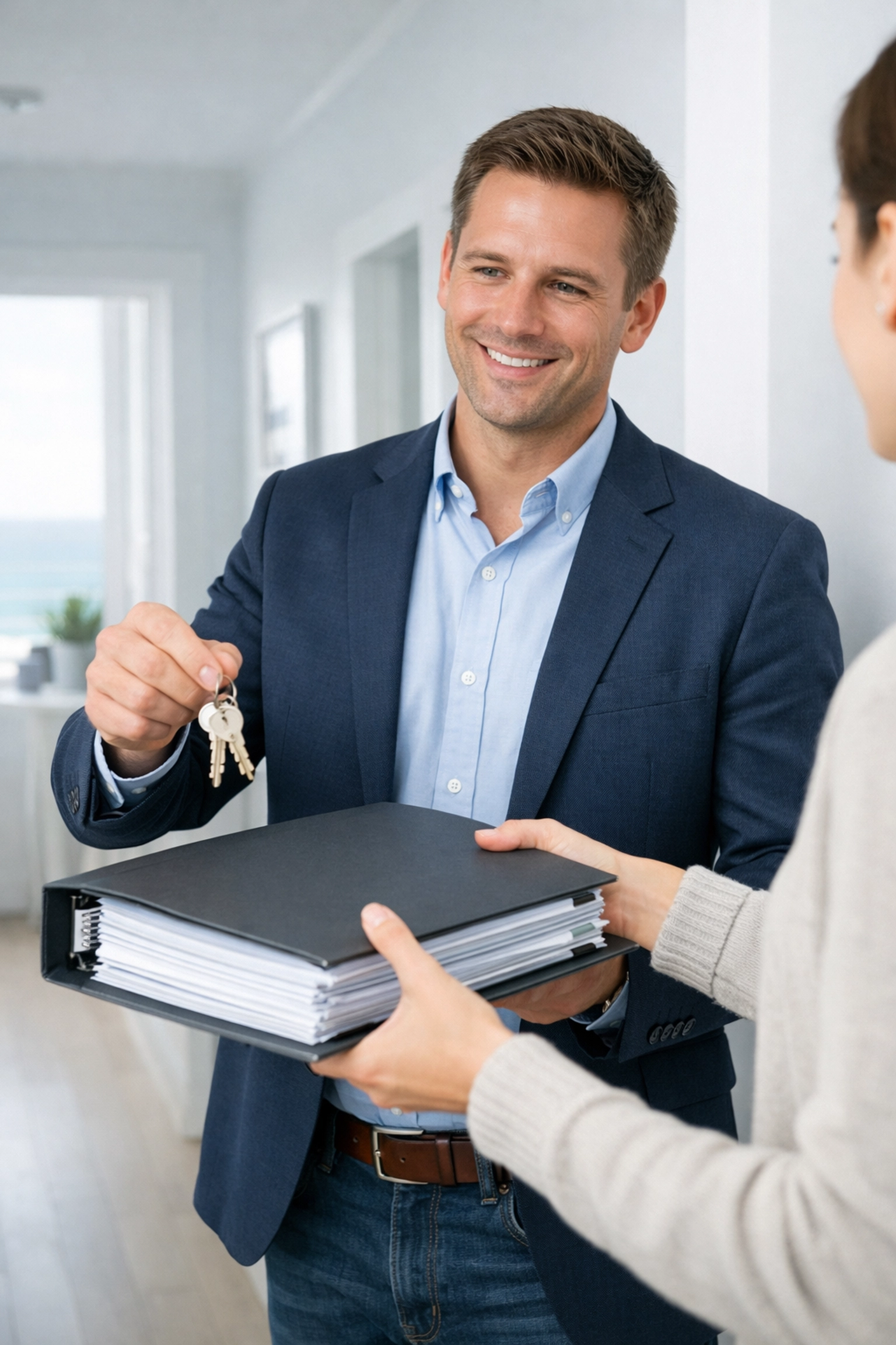 Landlord providing tenant with an EICR safety report and keys for a Bournemouth rental property.