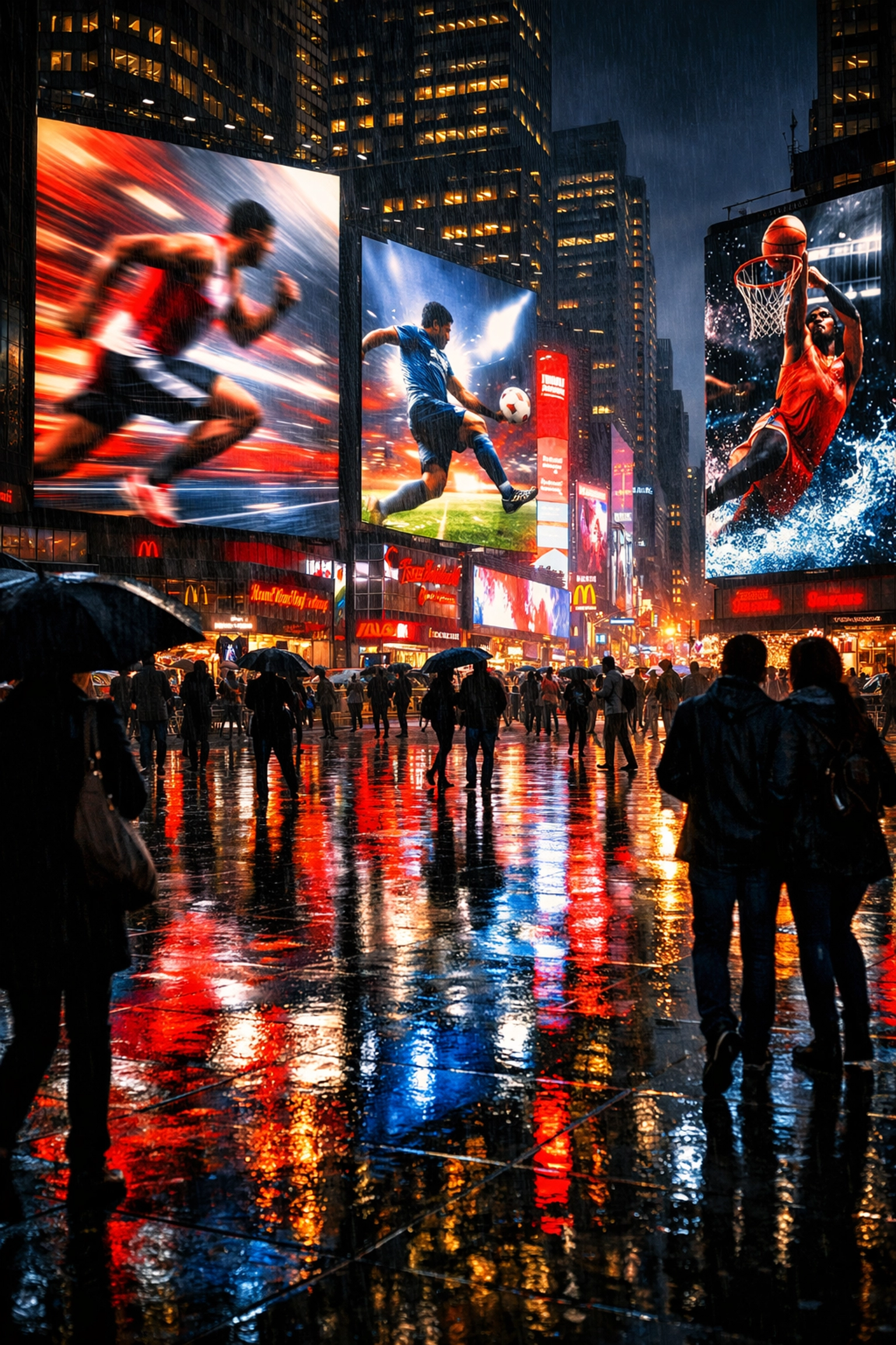 High-impact Sporttron network digital billboards in Times Square displaying Super Bowl 2026 athlete marketing.