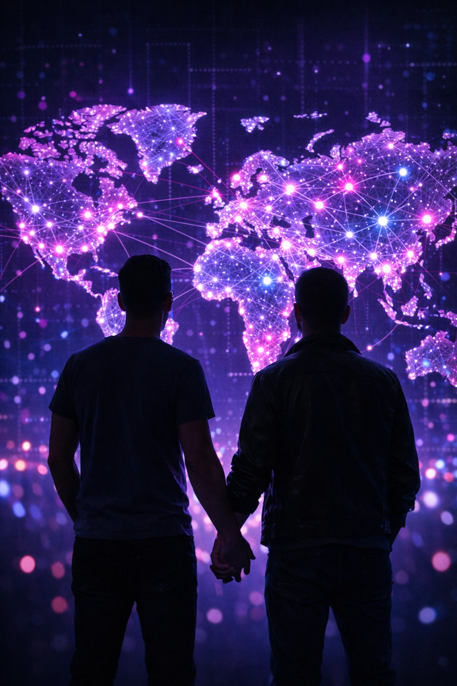 Two men viewing global network map of queer underground music connections
