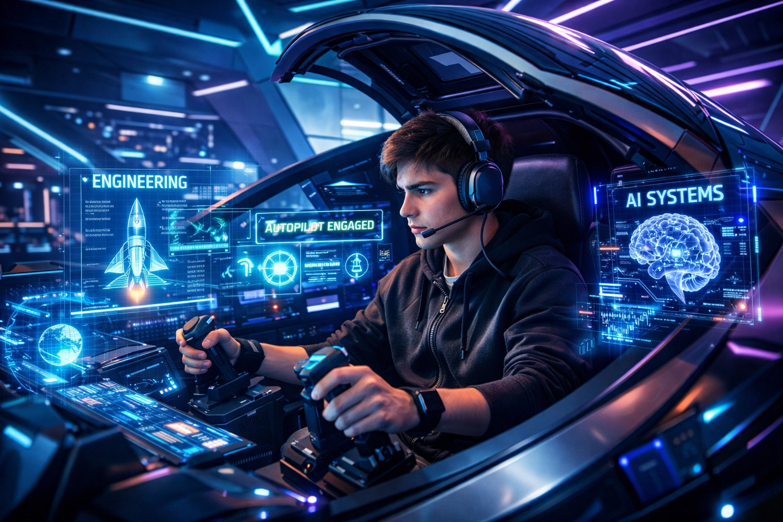 High school student using an EsportsPod simulation pod for workforce development and technical career training.