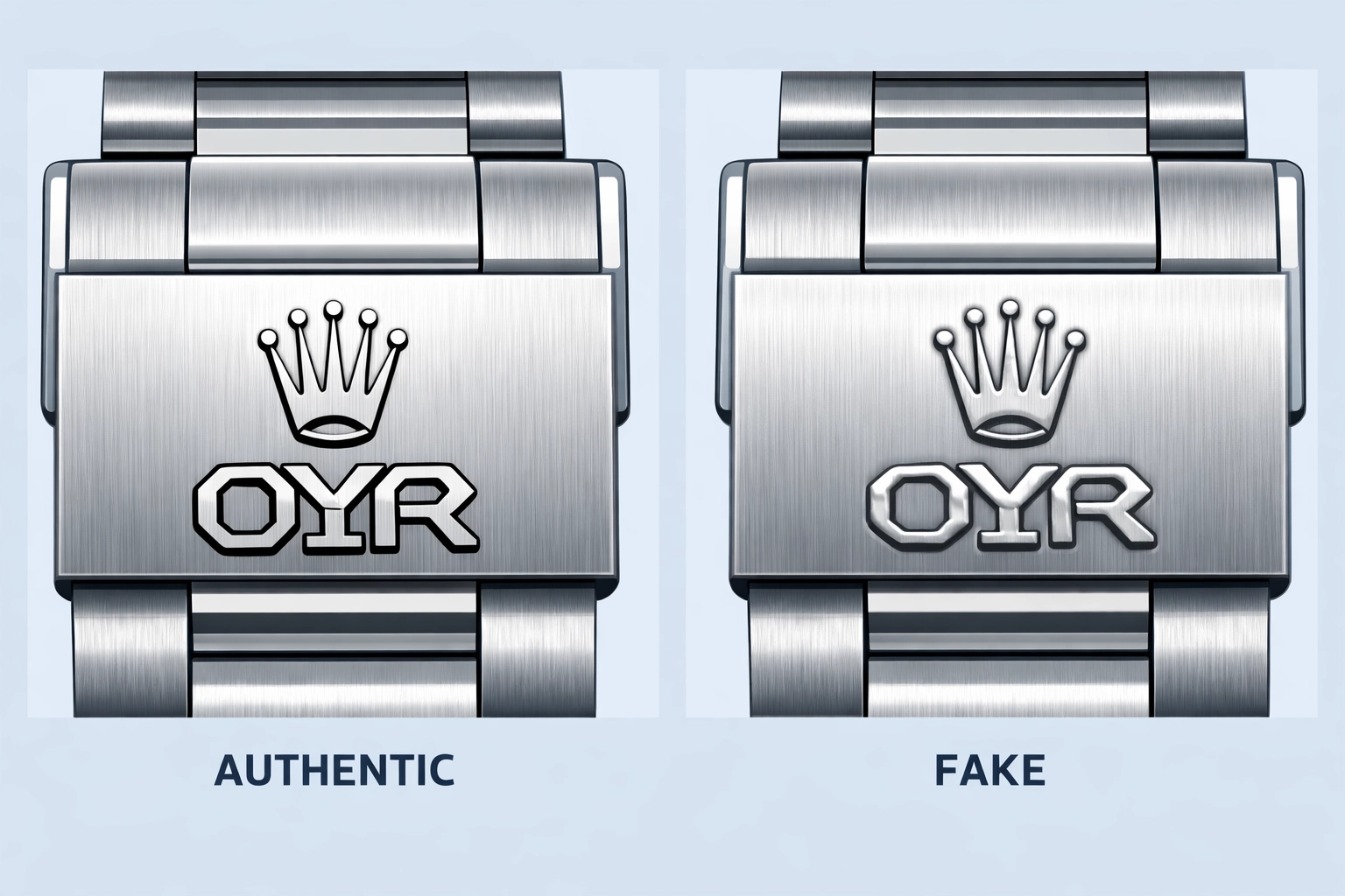 Comparison of genuine crisp engraving versus soft counterfeit engraving on a luxury watch clasp.