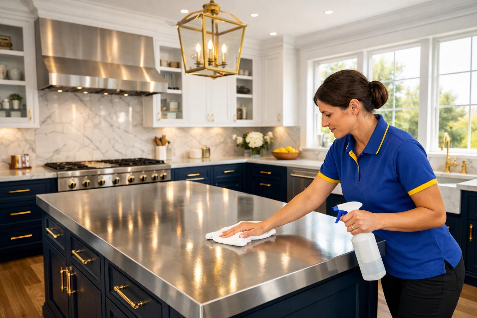 Professional cleaners Massachusetts polishing a luxury kitchen island during weekly house cleaning Mansfield MA.