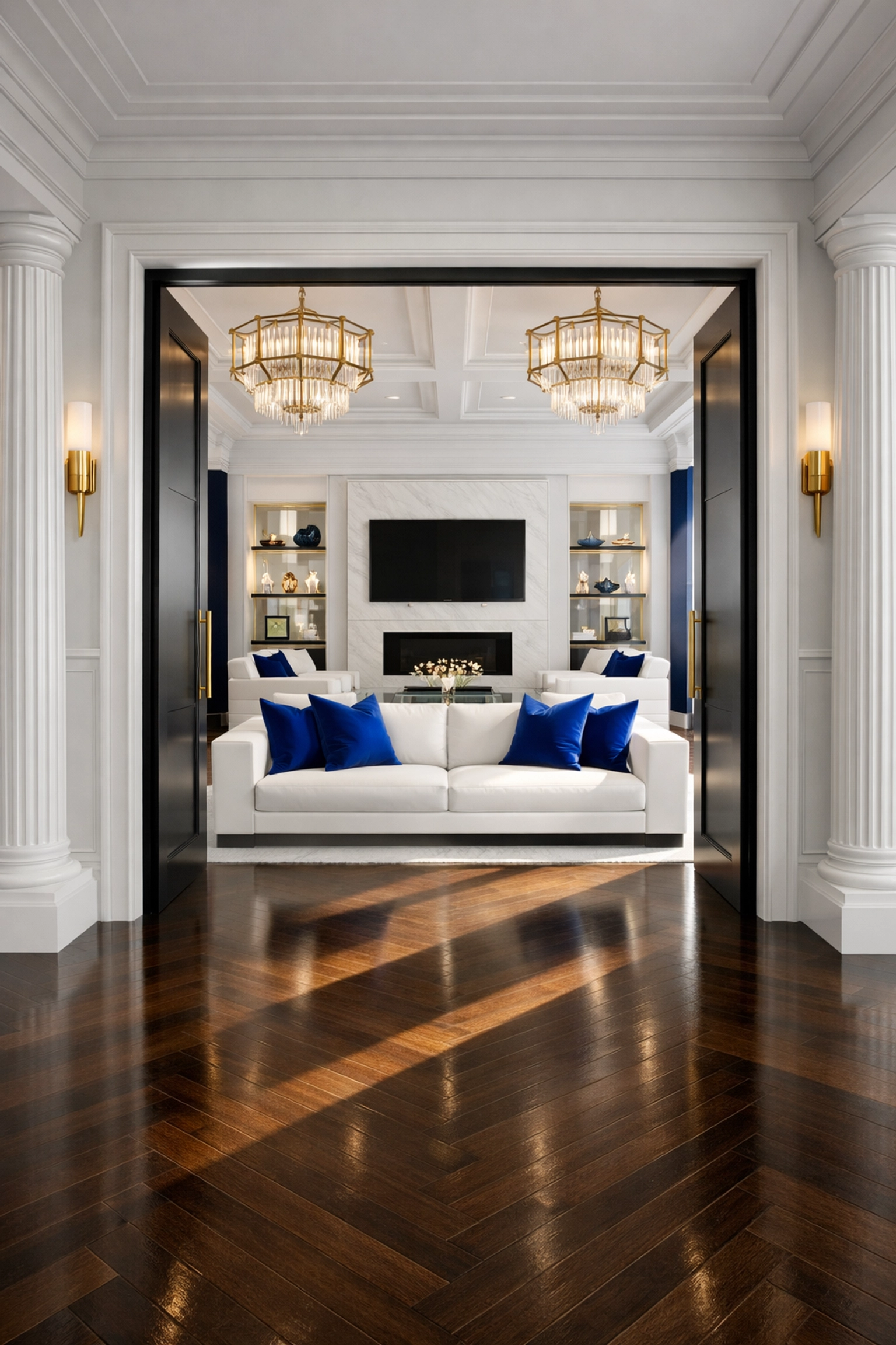 Flawless Duxbury estate entryway with vacuum-lined hardwood floors and a dust-free interior maintained by professional cleaners.