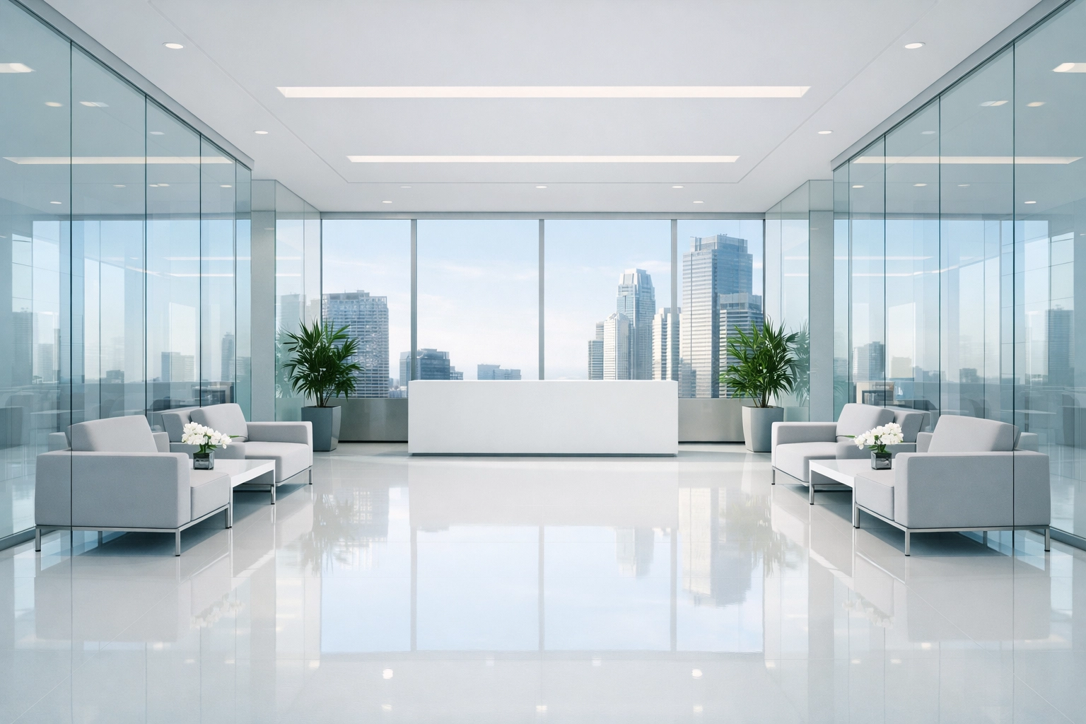 Clean commercial office space with streak-free glass, demonstrating high-authority janitorial services.