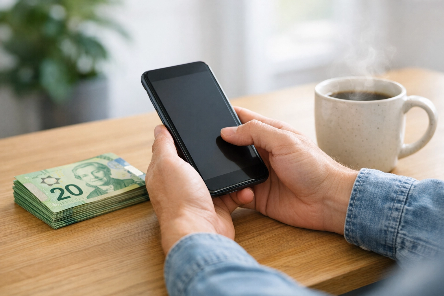 Hands using a smartphone next to Canadian currency, showing ease of payday loans online in Canada.