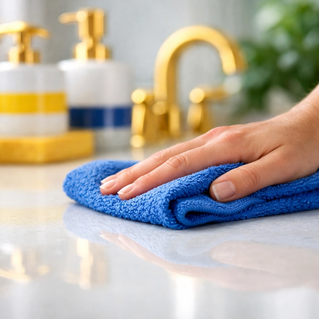 Detailed residential cleaning Massachusetts on a high-end quartz countertop in a modern luxury bathroom.