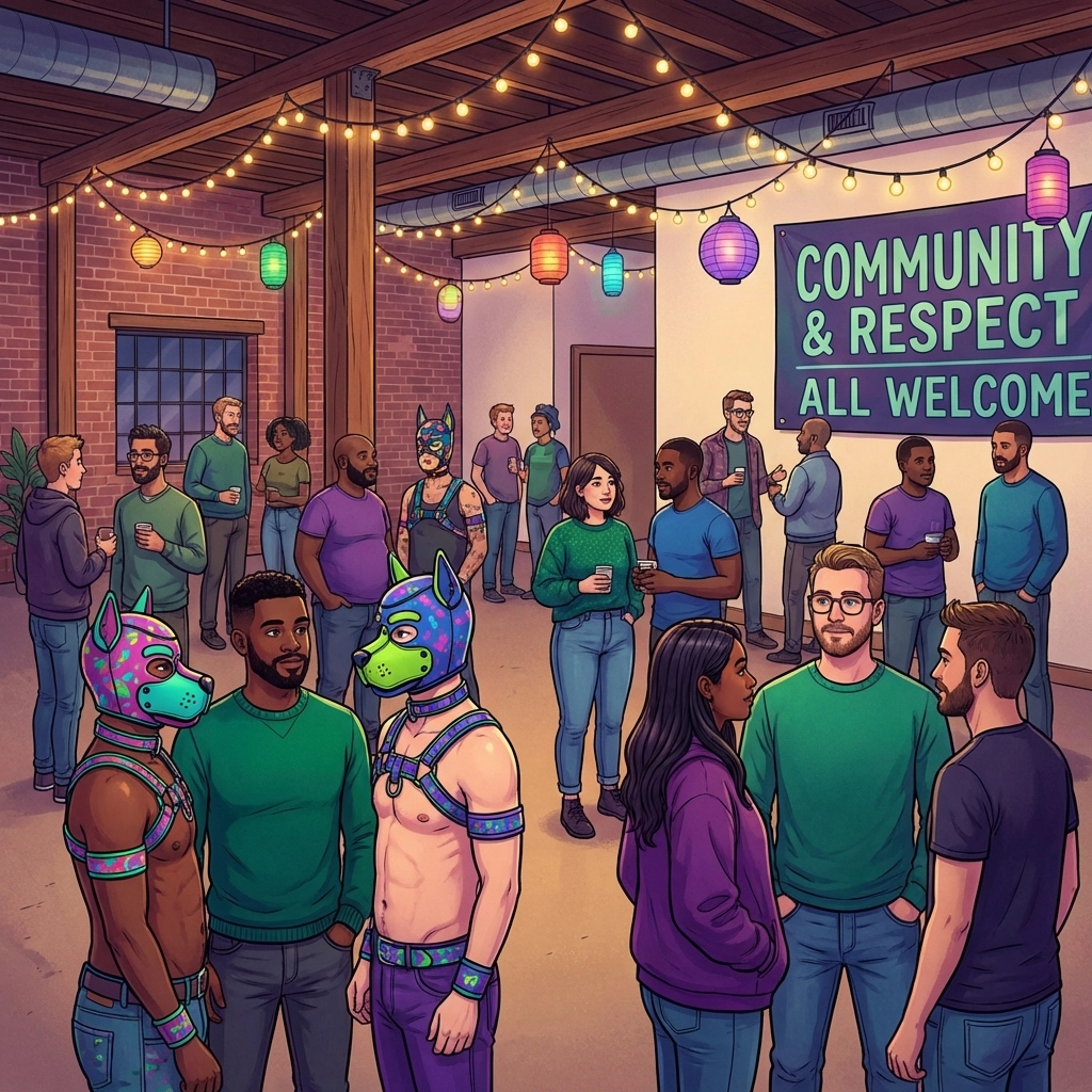 Diverse LGBTQ+ group at pup event maintaining respectful boundaries and personal space