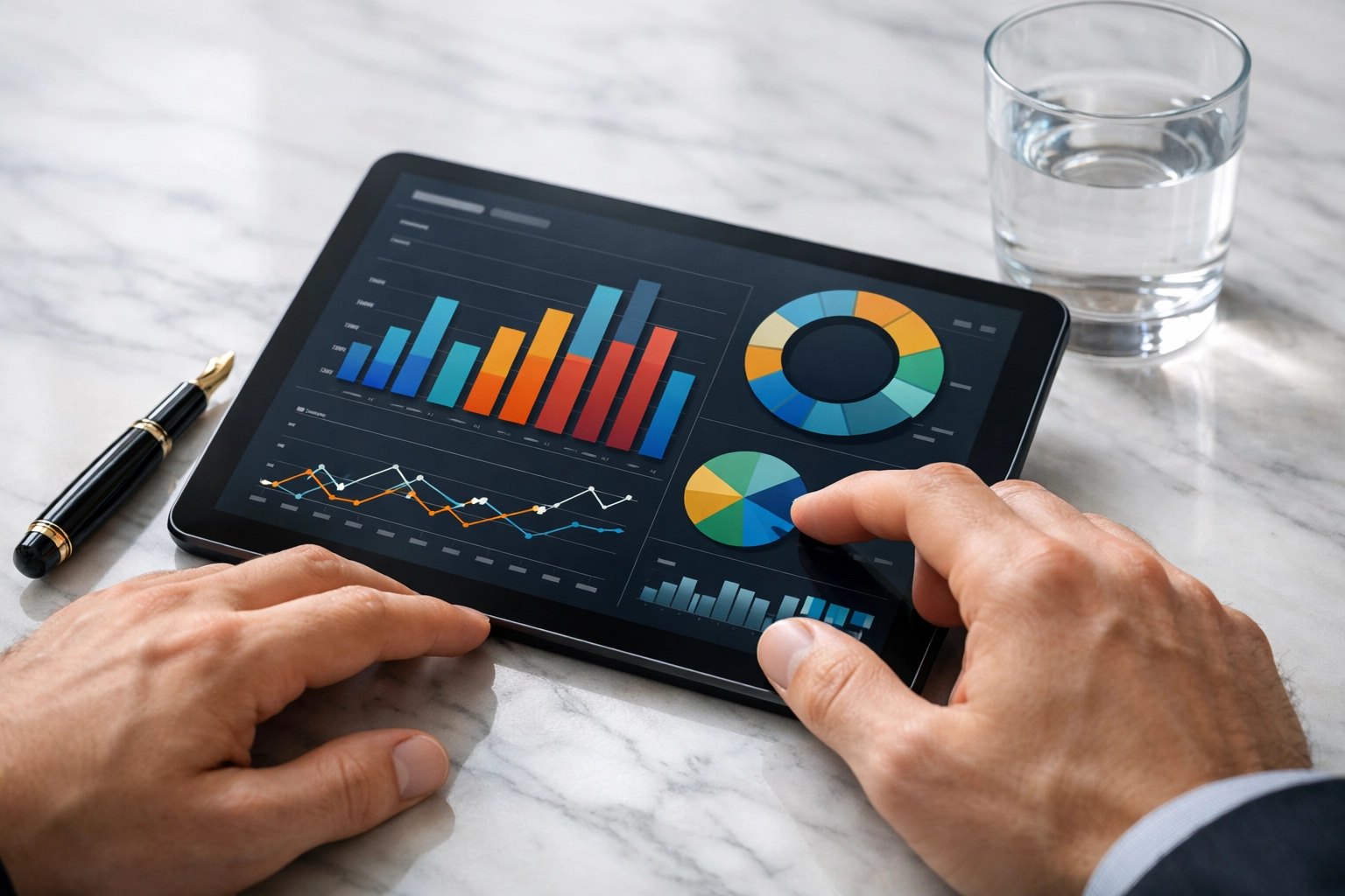 A corporate leader analyzing a financial dashboard to optimize Super Bowl travel management ROI and strategy.
