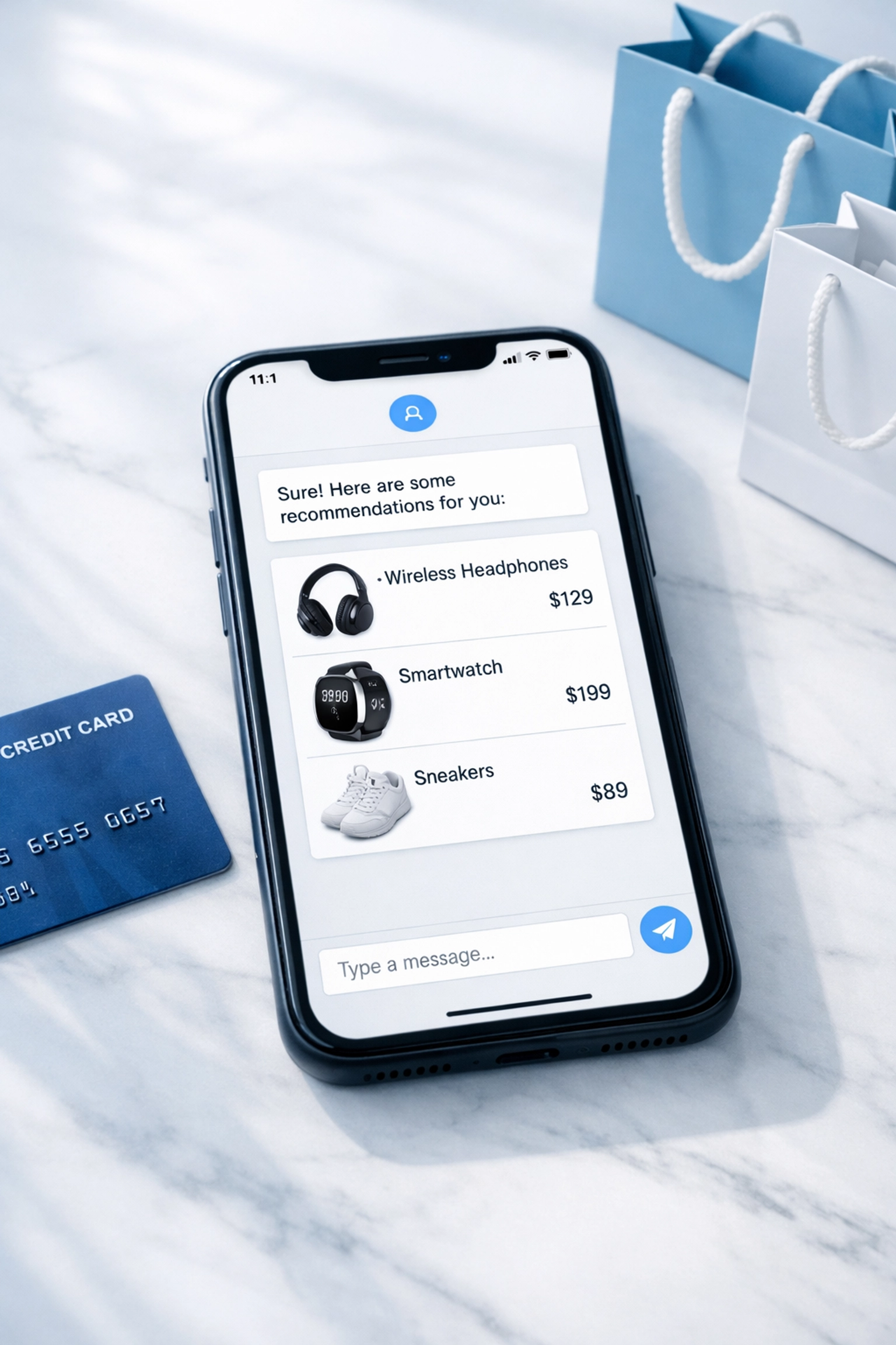Smartphone displaying AI shopping assistant with product recommendations next to credit card and bags
