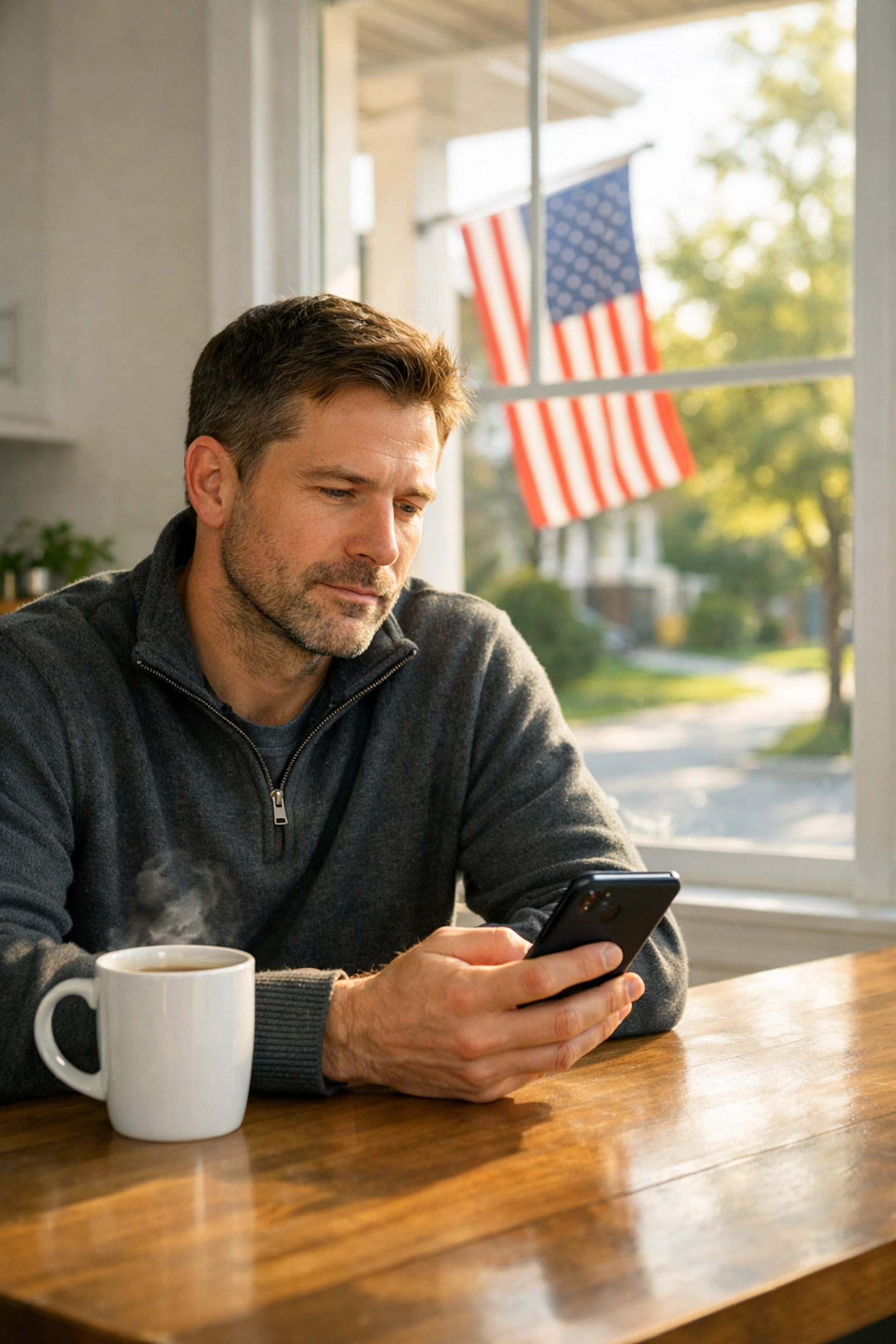 A man reading a daily message about American unity in a sunlit kitchen with an American flag outside.