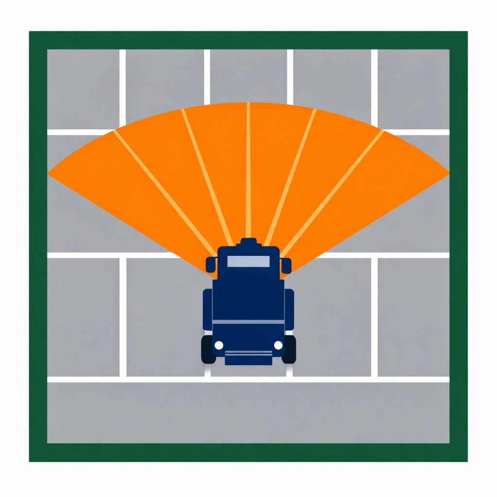 Precision snow removal vehicle applying exact salt levels to a commercial parking lot grid.