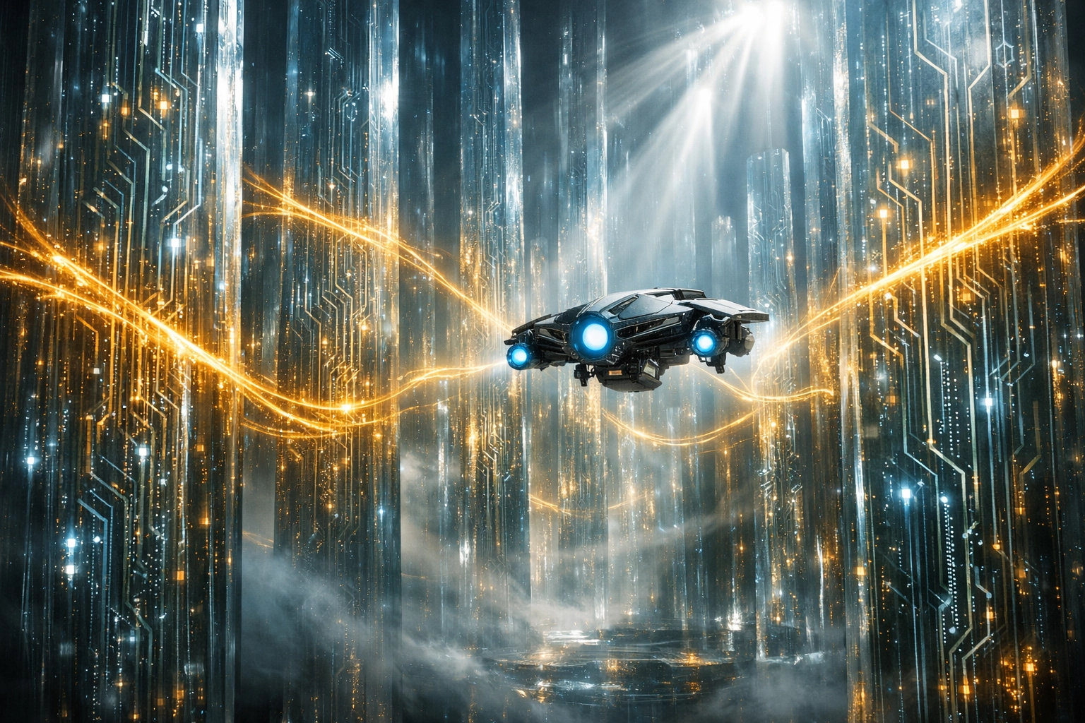 Drone navigating a network of data pillars representing search engine crawlability and site structure.