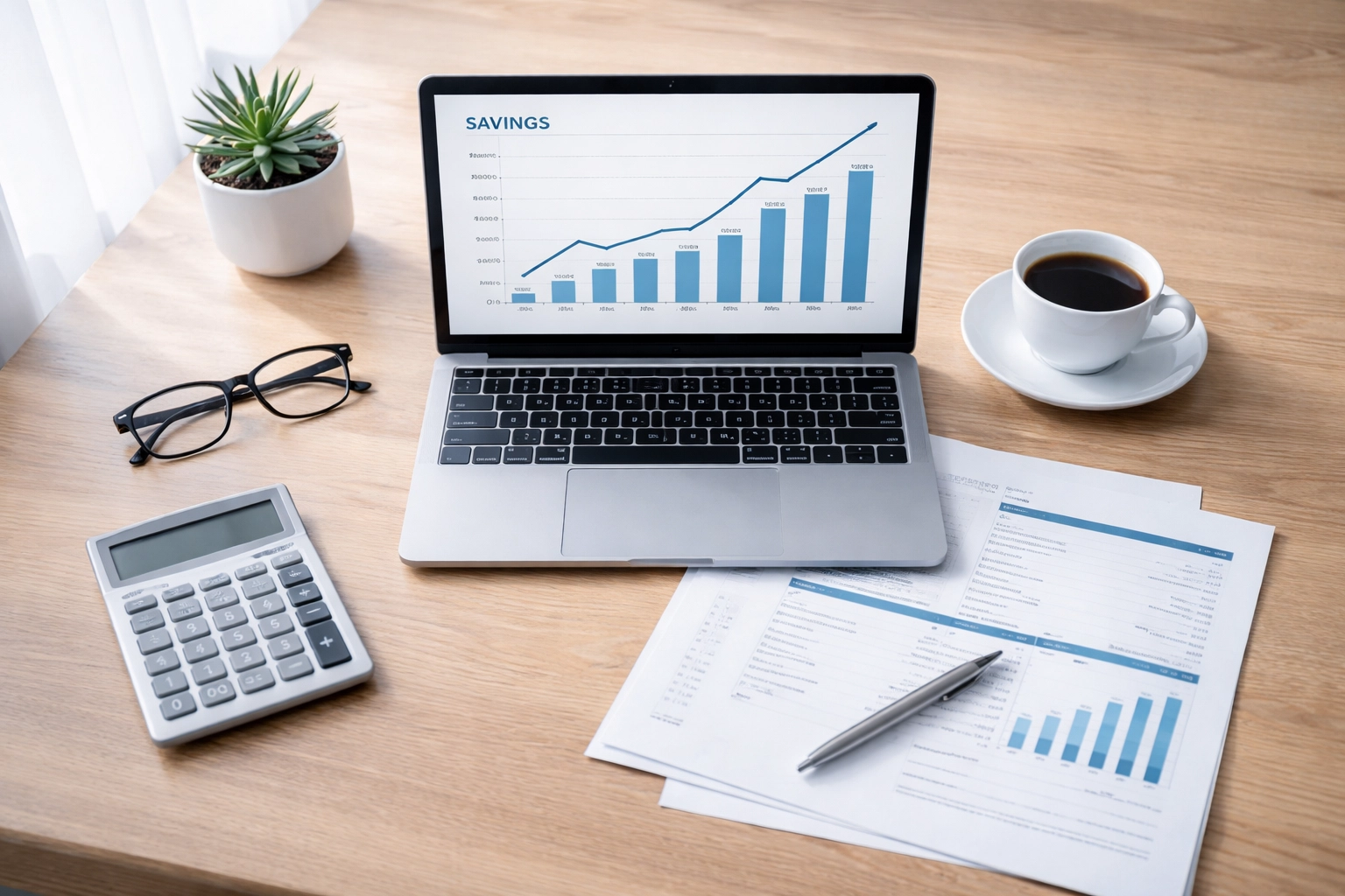 Minimalist desk with financial documents and a laptop showing savings, highlighting financial planning for Sydney property buyers.
