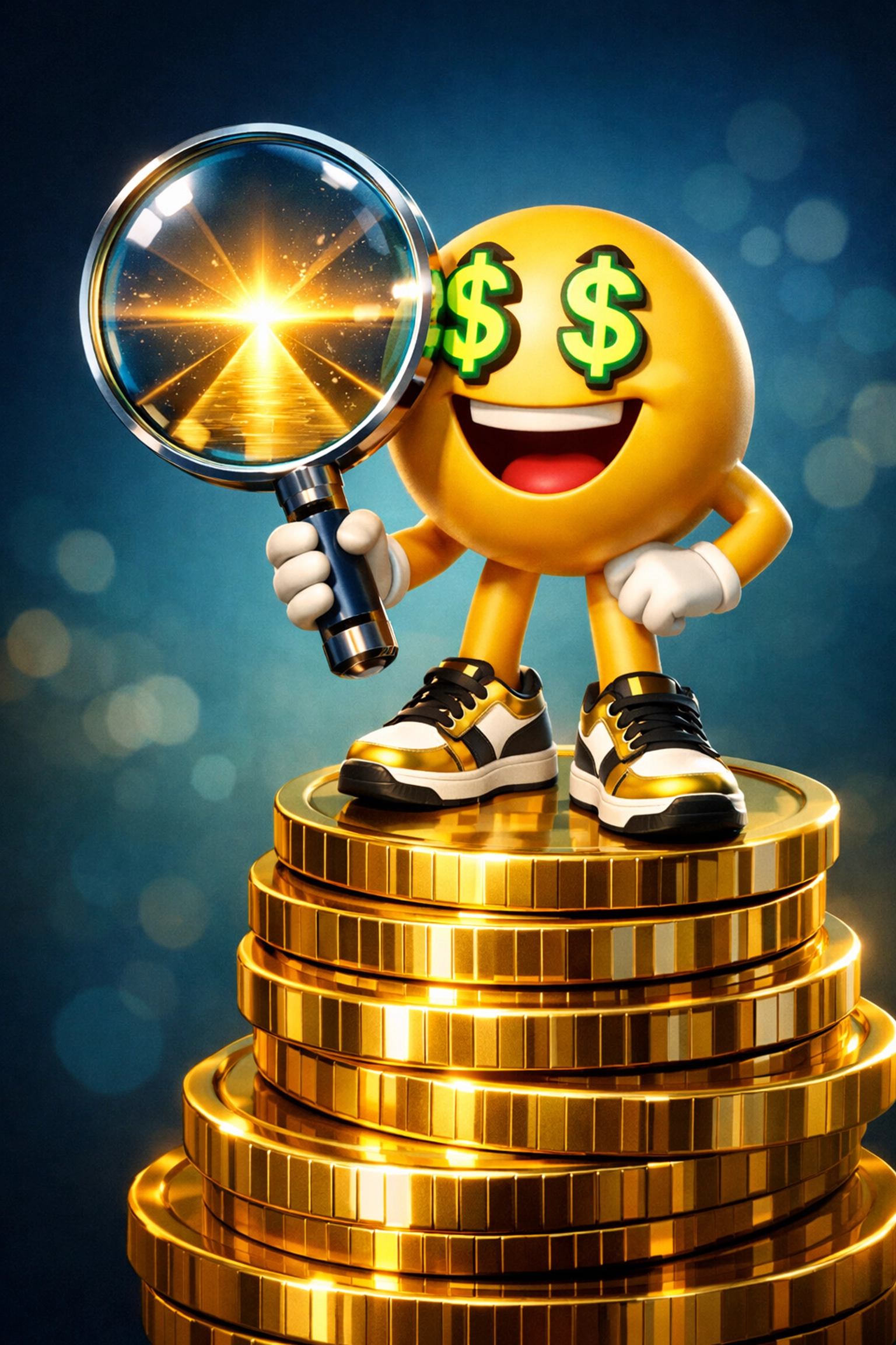 Mascot character on gold coins magnifying a path to financial clarity for personalized budgeting help.