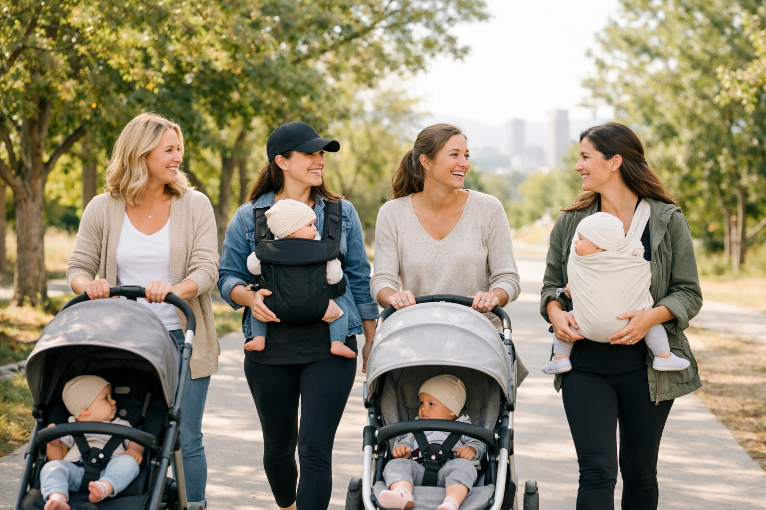 Group of Denver moms walking together with strollers