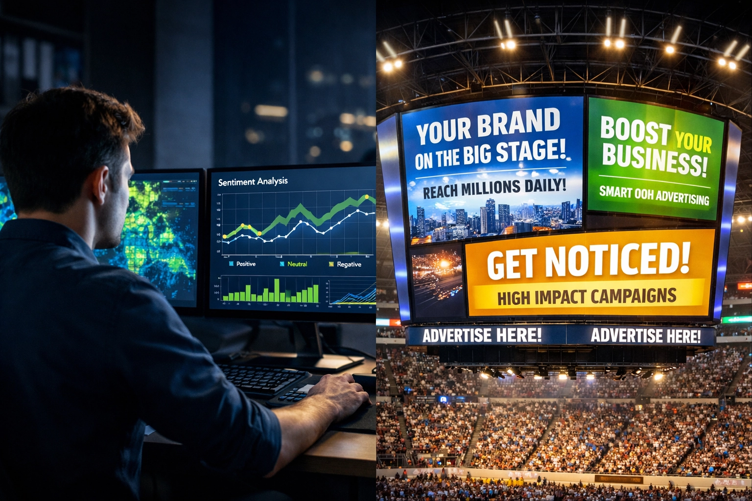 Analytics dashboard and stadium jumbotron showing data-driven OOH advertising strategy execution