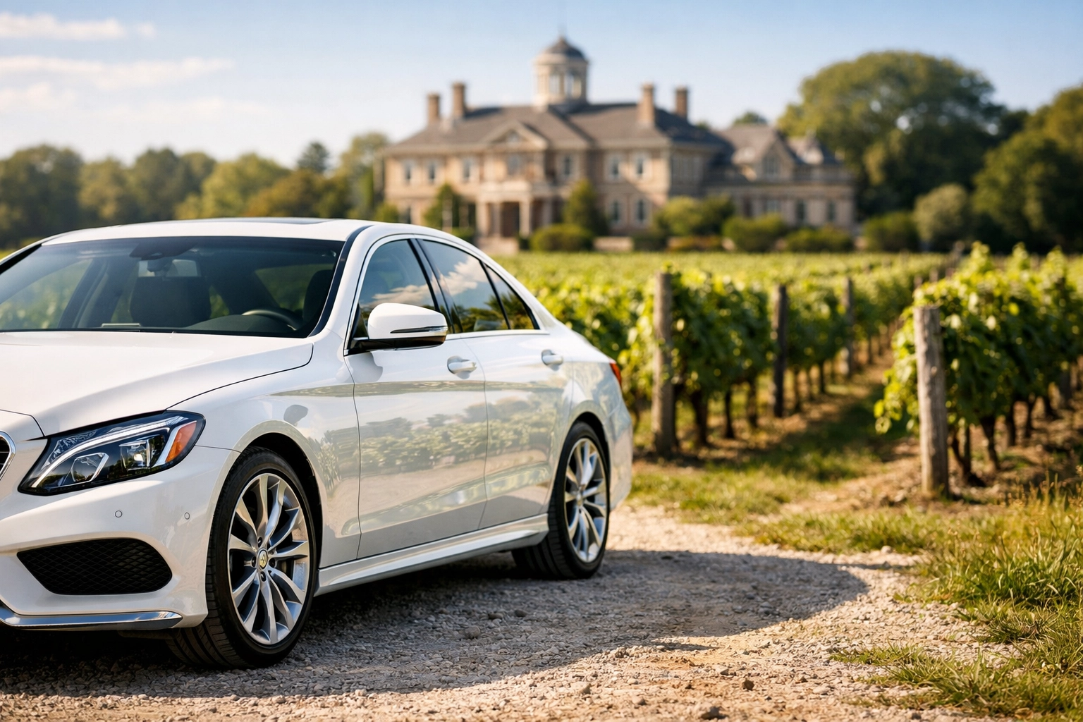 Luxury sedan parked by a vineyard, highlighting professional private car service for Niagara wine tours.